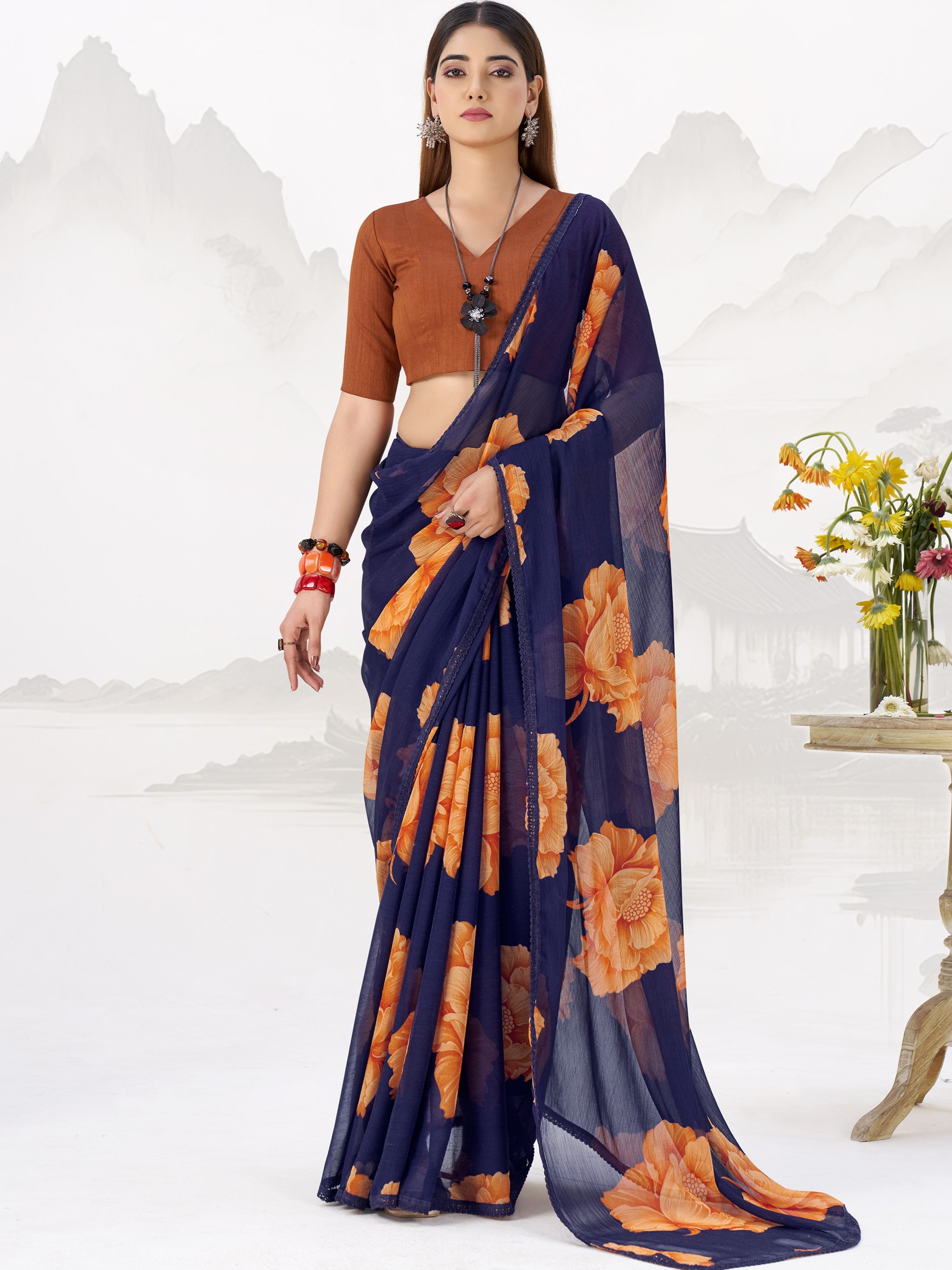 Chiffon Floral Printed Saree With Lace Border