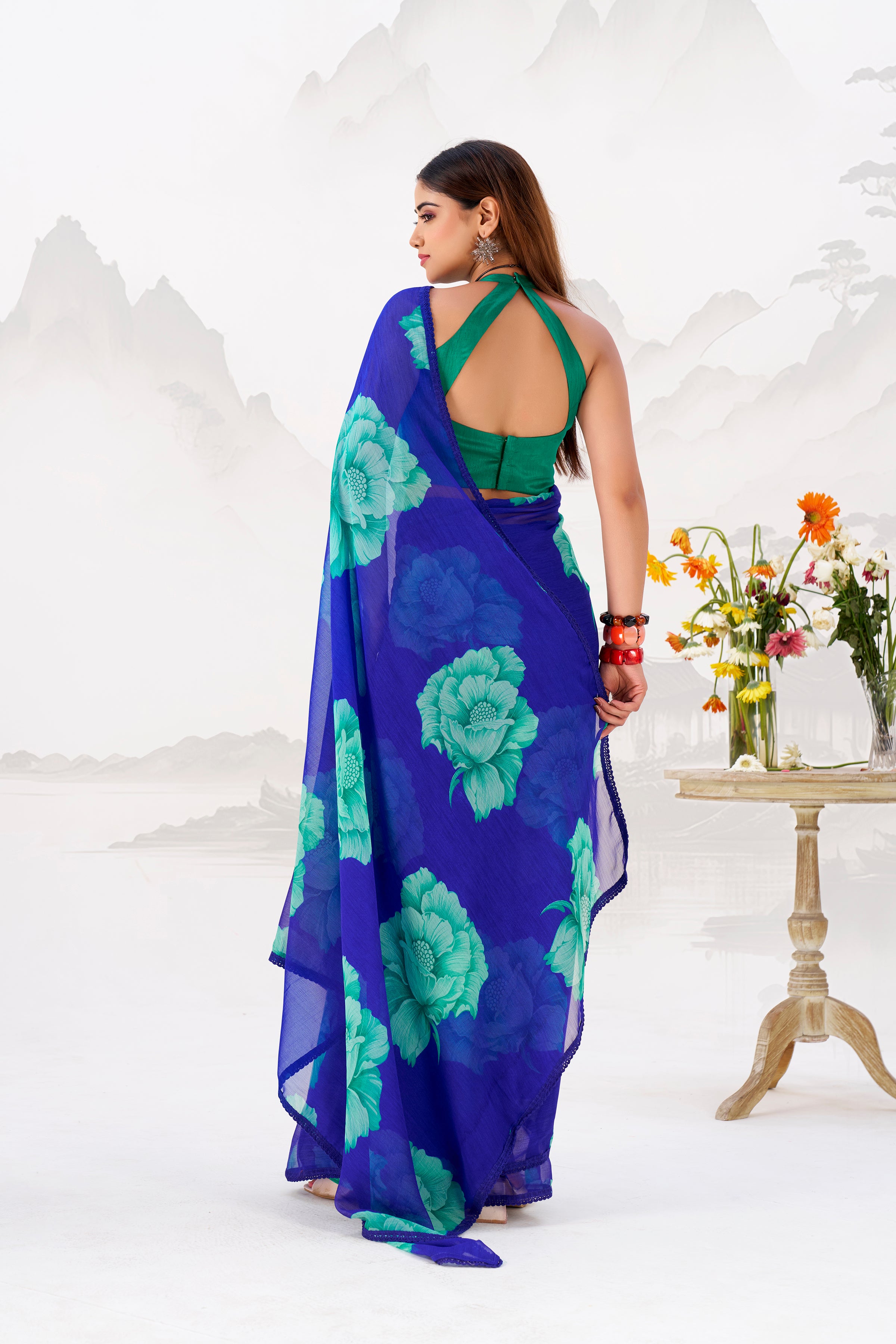 Chiffon Floral Printed Saree With Lace Border