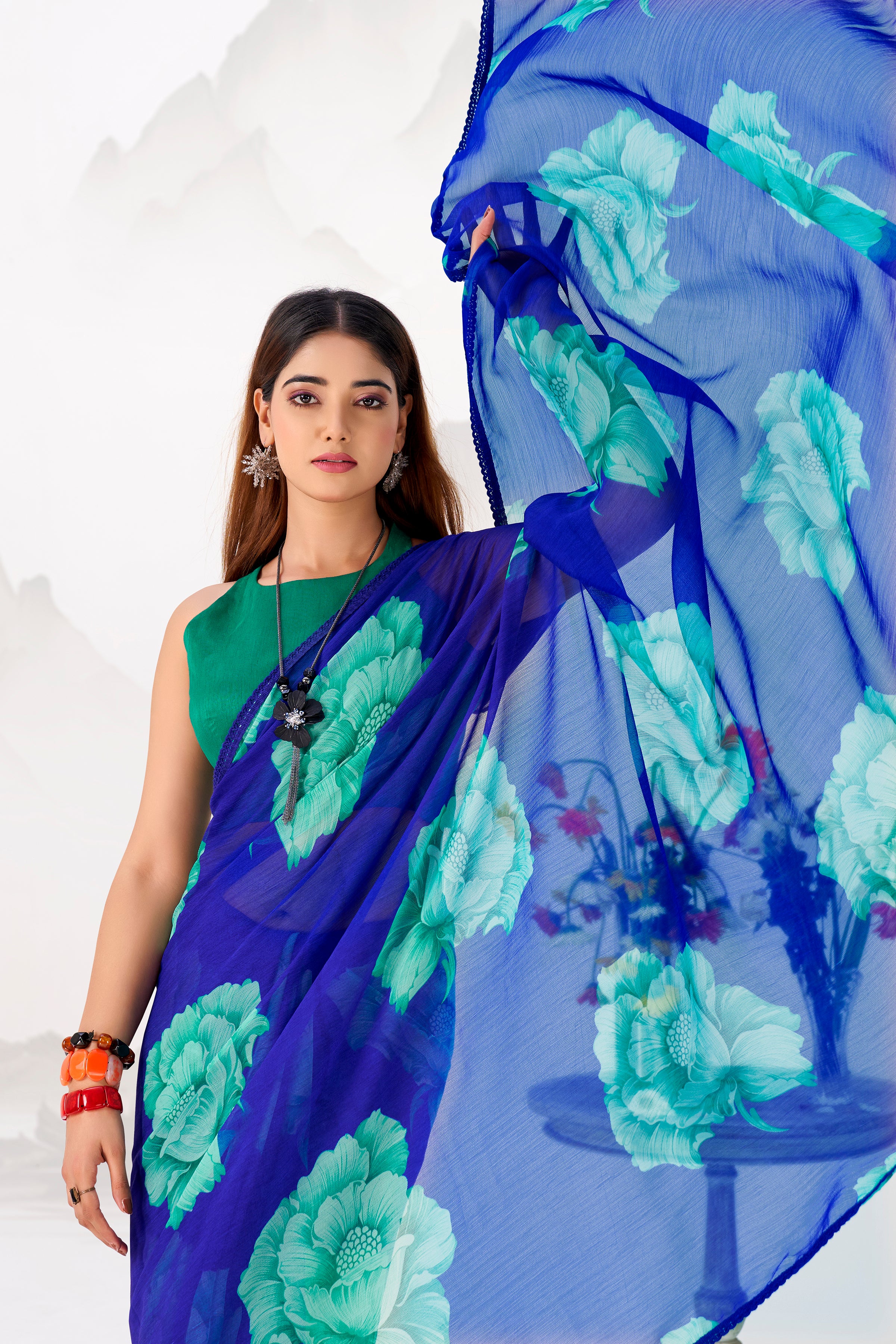 Chiffon Floral Printed Saree With Lace Border