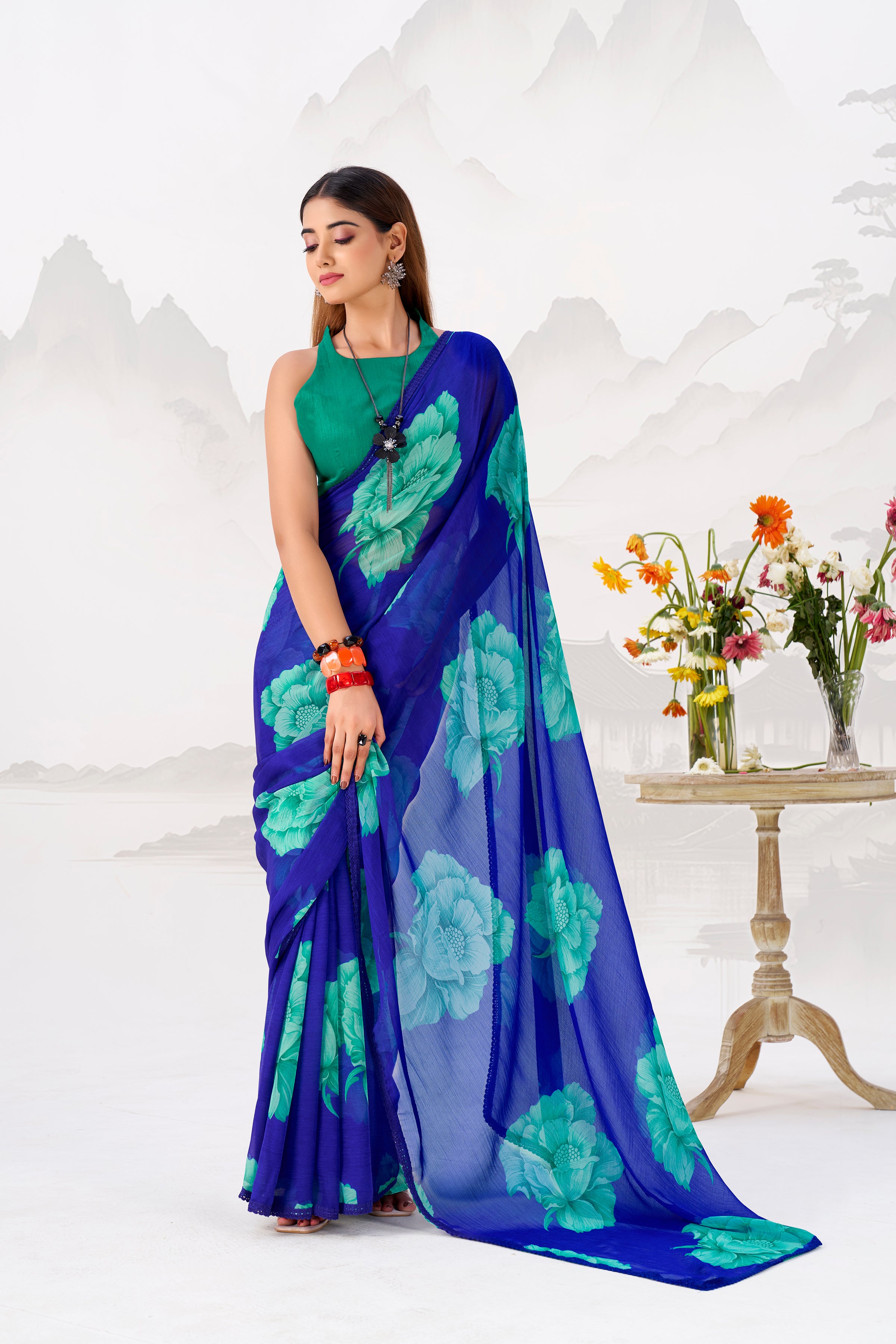 Chiffon Floral Printed Saree With Lace Border