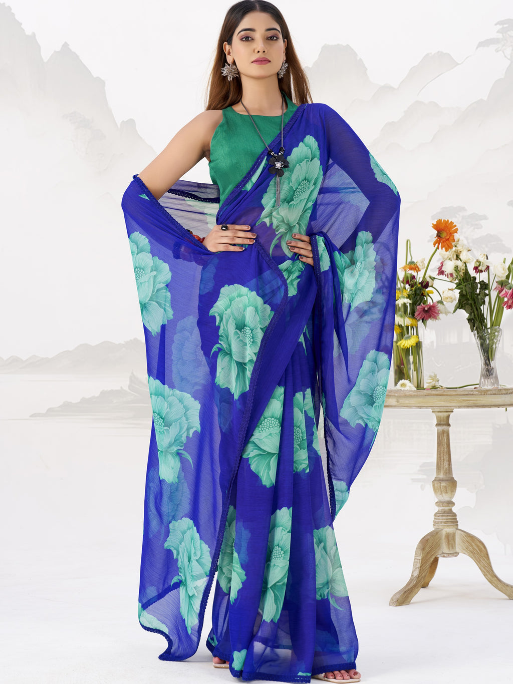 Chiffon Floral Printed Saree With Lace Border