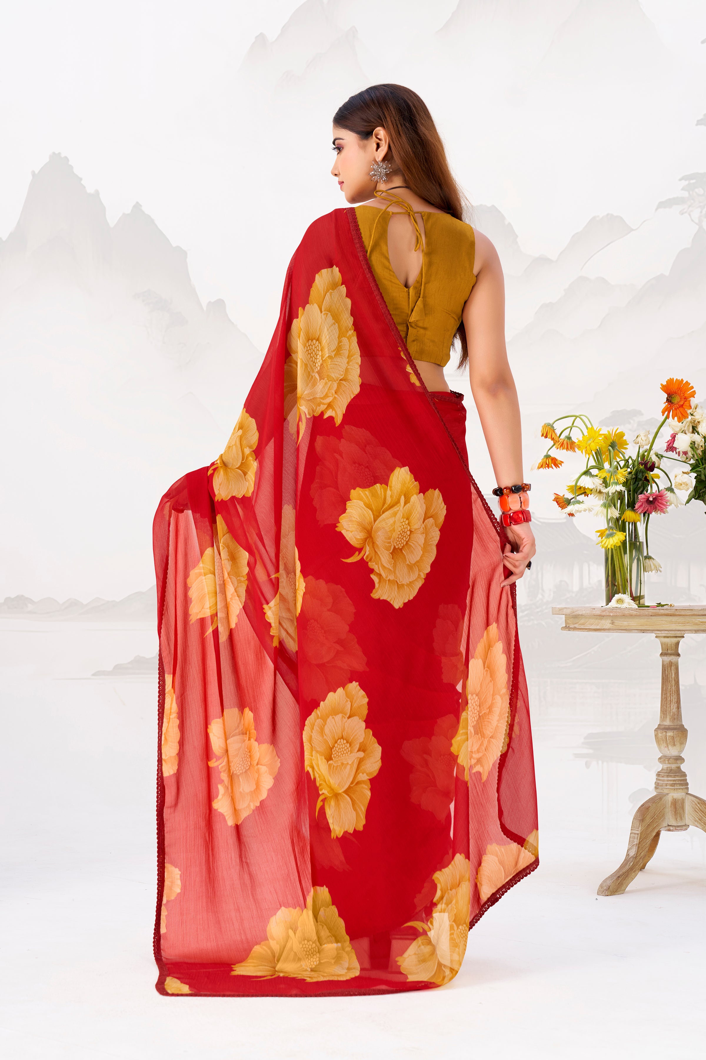 Chiffon Floral Printed Saree With Lace Border