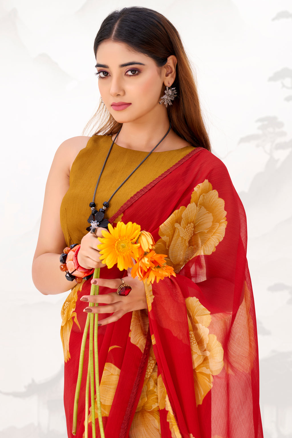 Chiffon Floral Printed Saree With Lace Border