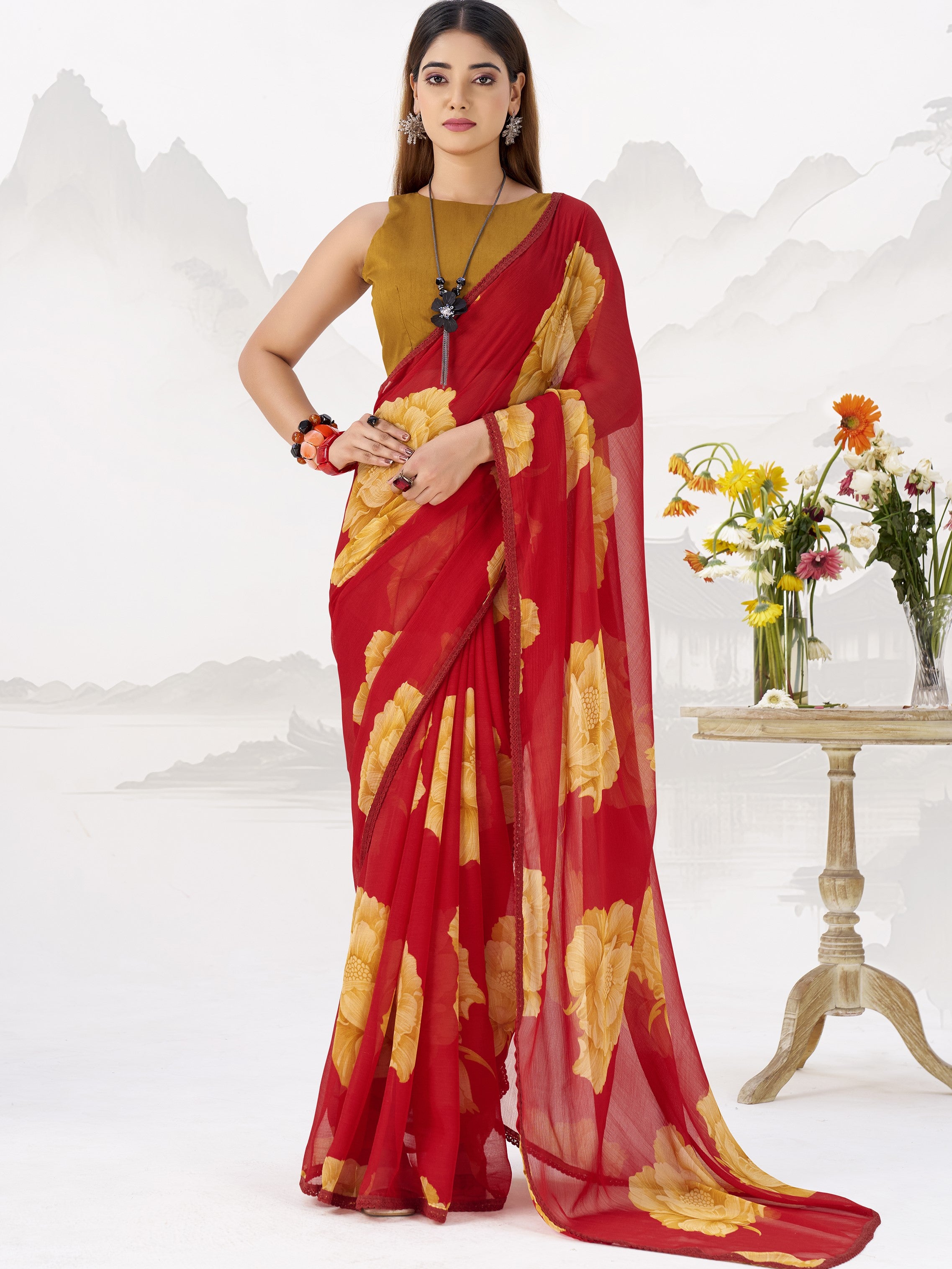 Chiffon Floral Printed Saree With Lace Border