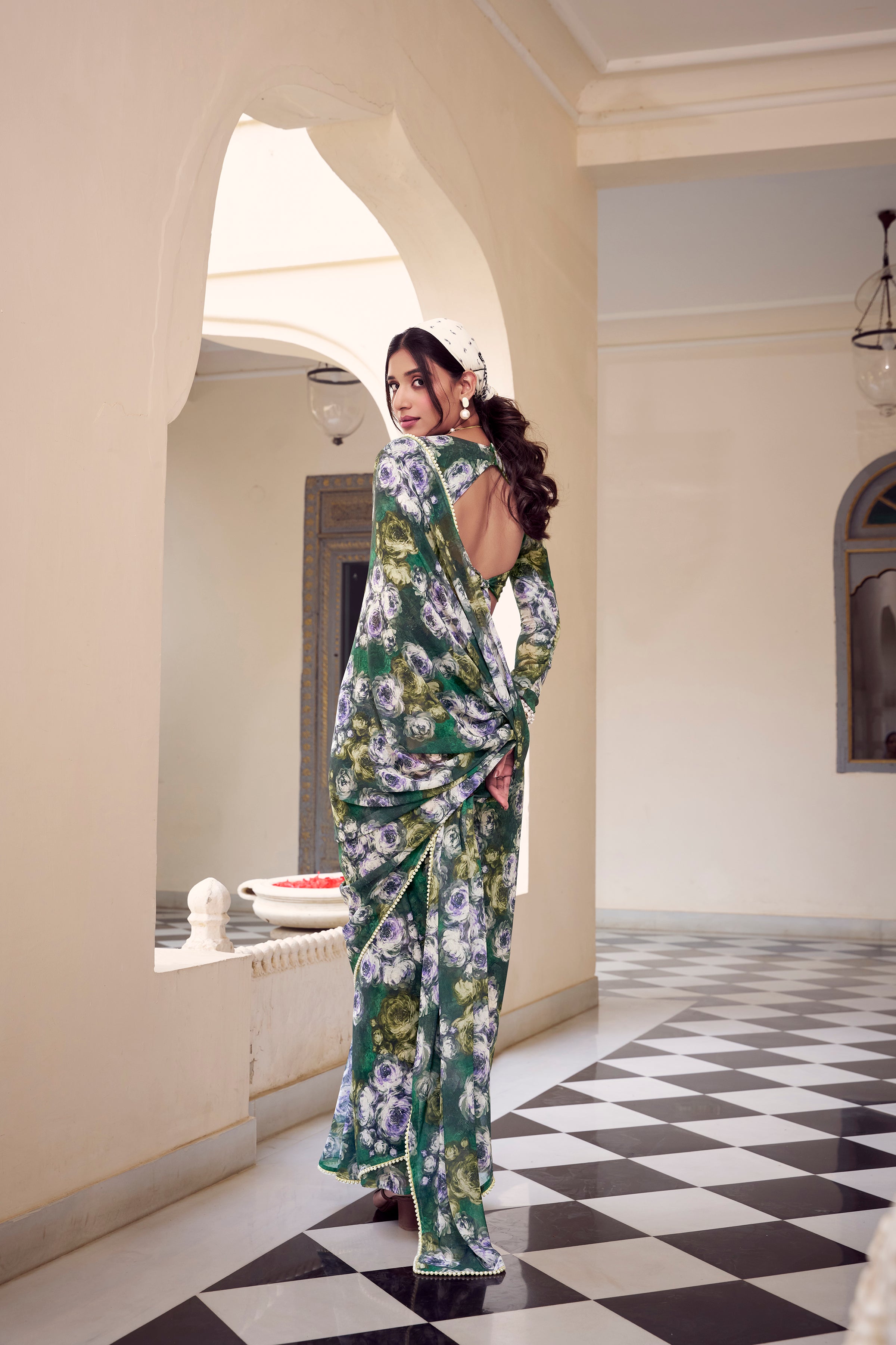 Marble Floral Printed Saree With Pearl Lace Border
