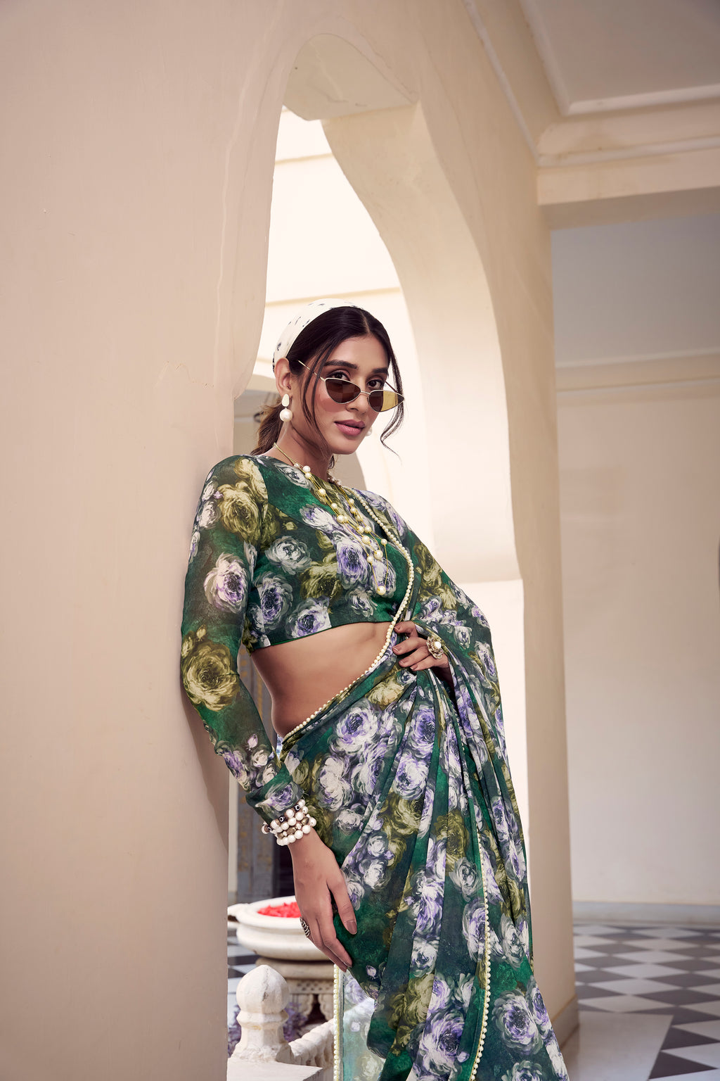 Marble Floral Printed Saree With Pearl Lace Border