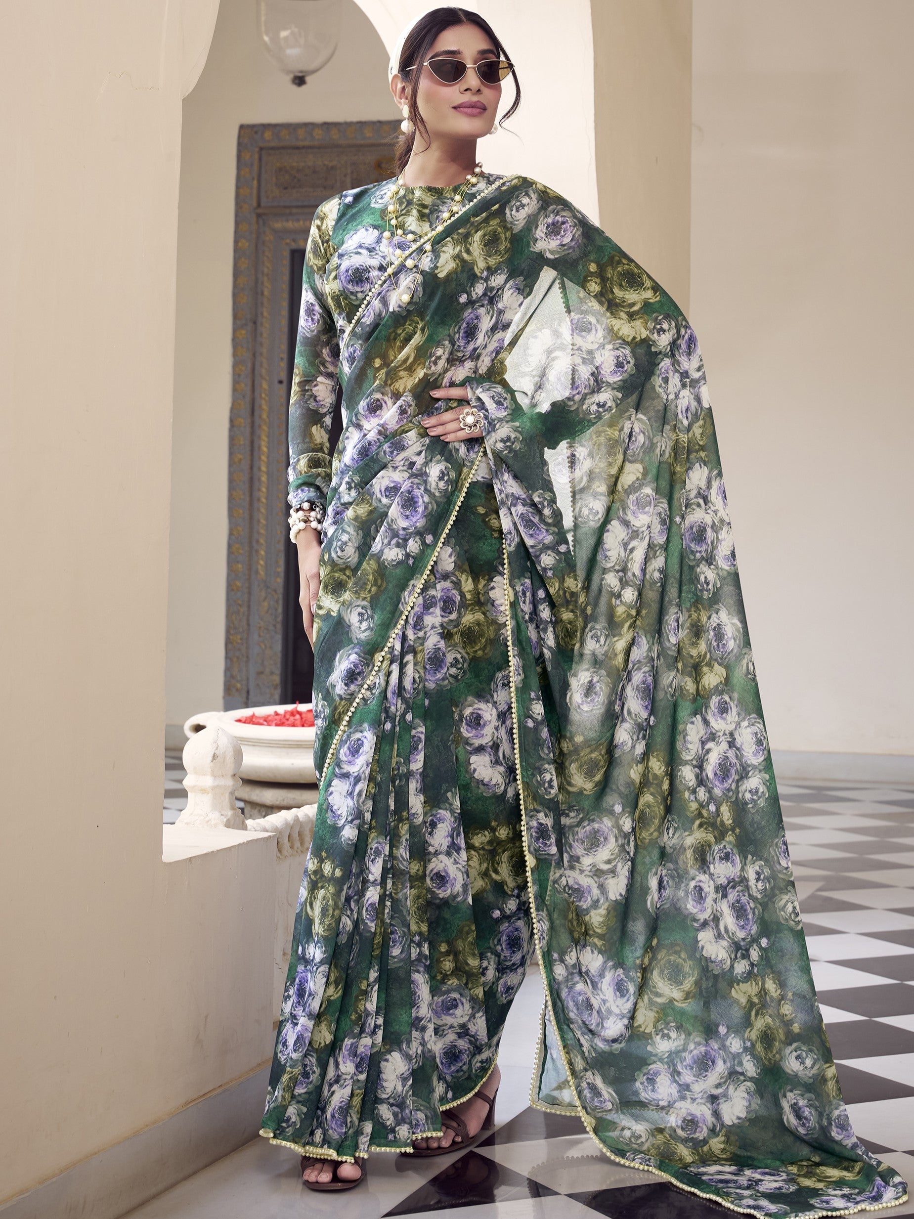 Marble Floral Printed Saree With Pearl Lace Border