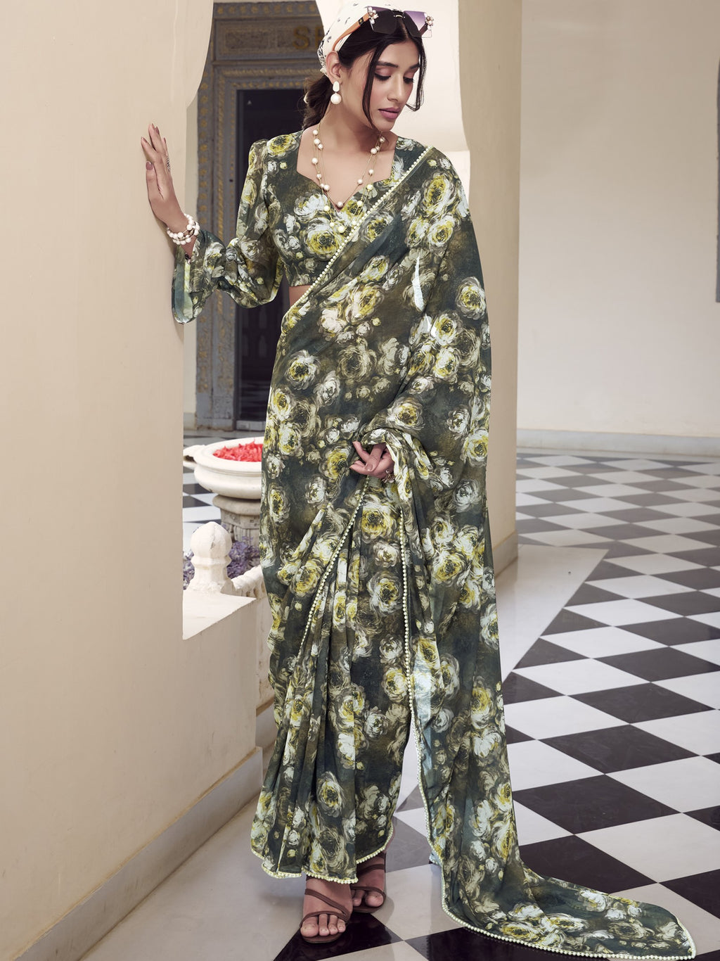 Marble Floral Printed Saree With Pearl Lace Border