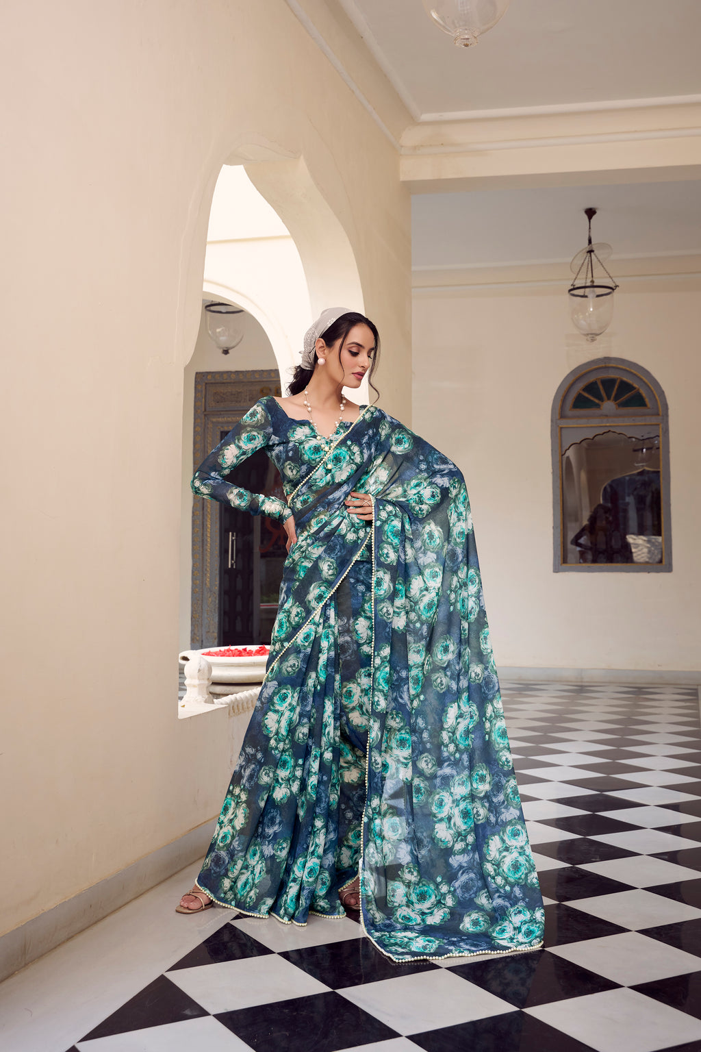 Marble Floral Printed Saree With Pearl Lace Border