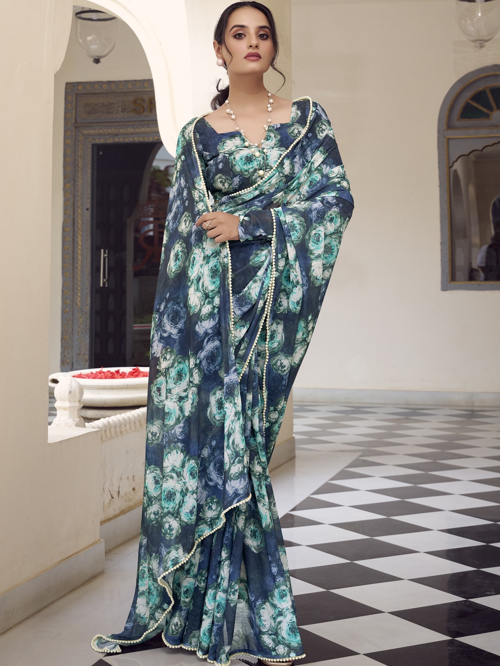 Marble Floral Printed Saree With Pearl Lace Border