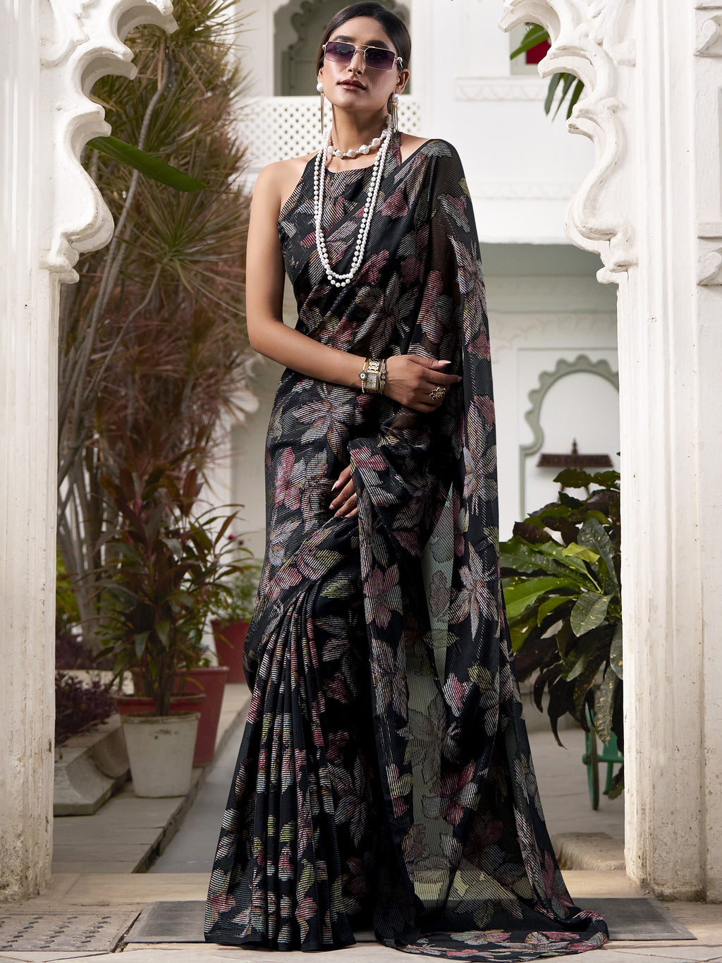 Lurex Brasso Floral Printed Saree