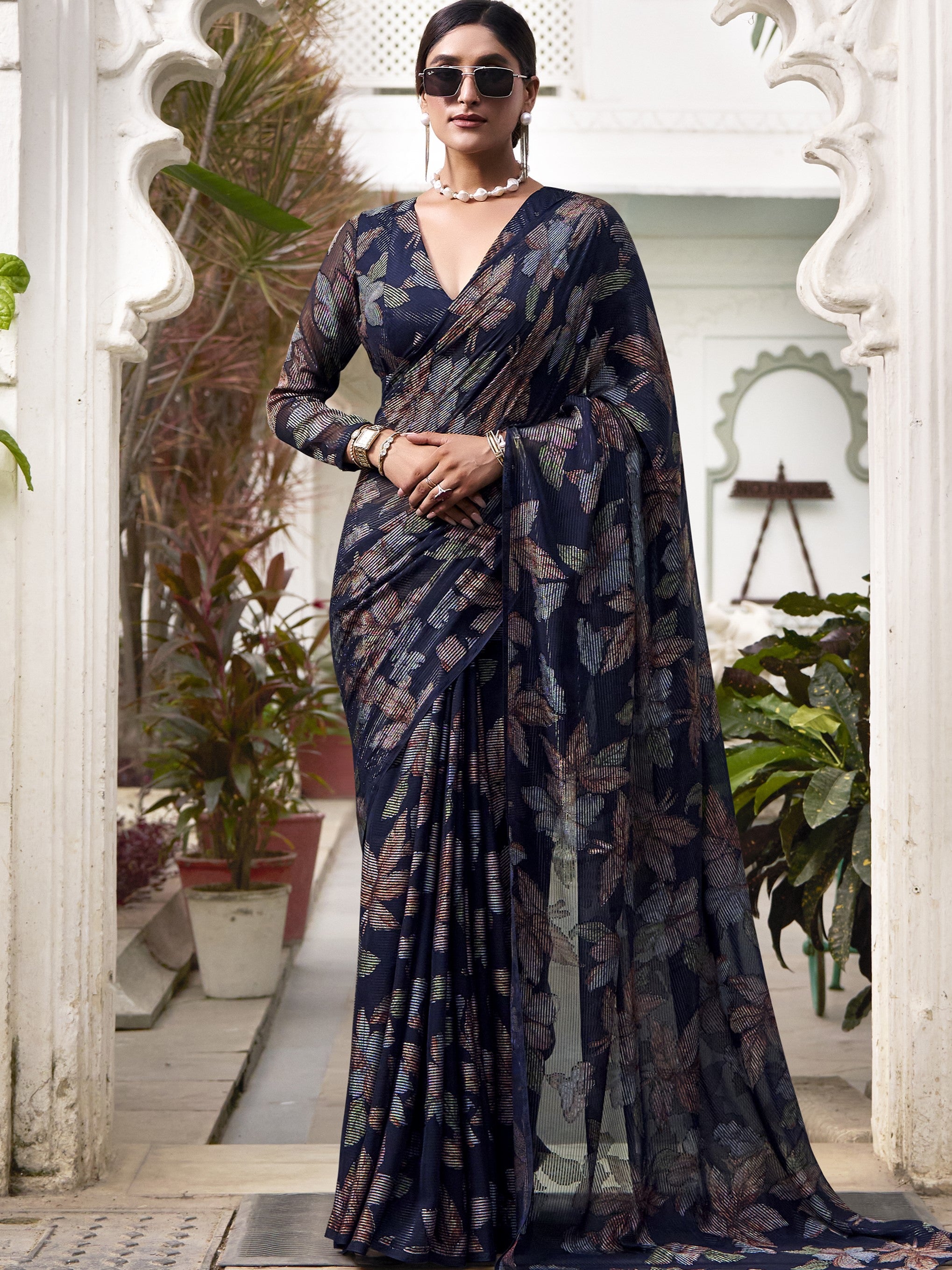 Lurex Brasso Floral Printed Saree
