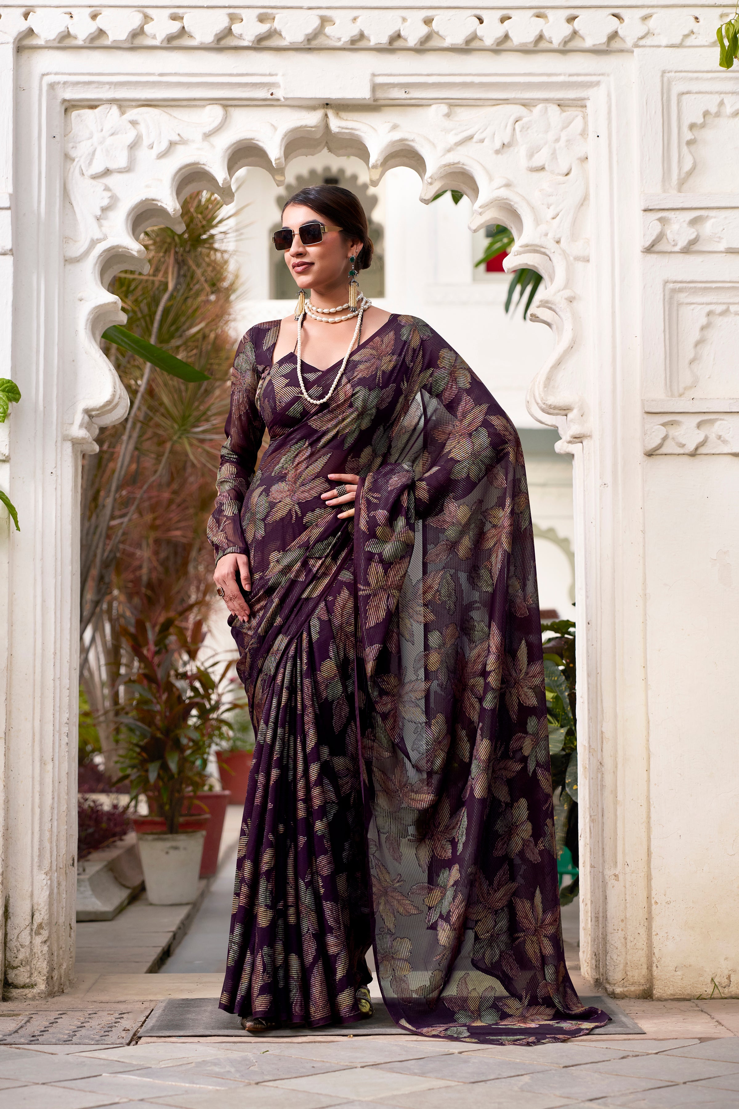 Lurex Brasso Floral Printed Saree