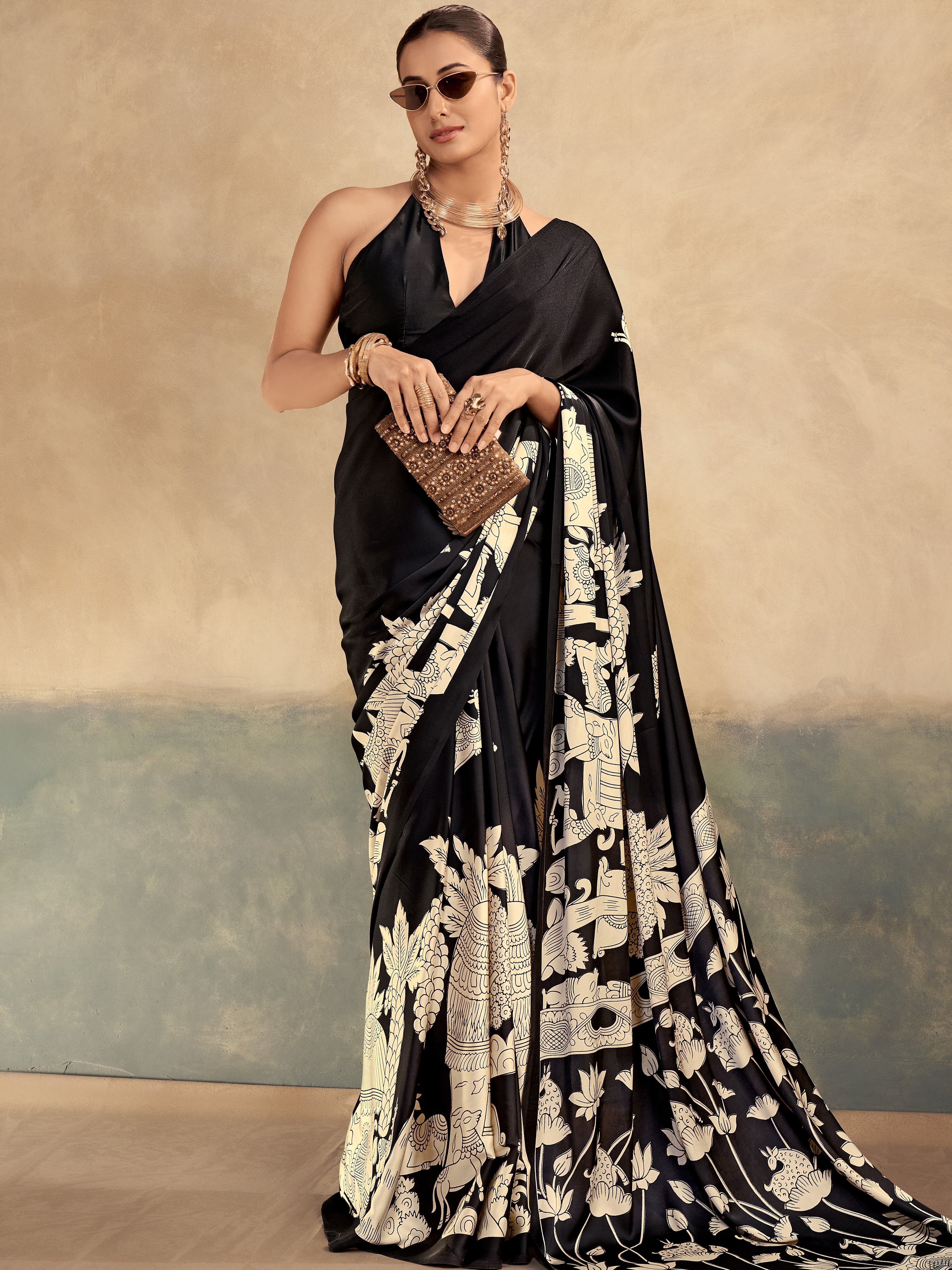Satin Silk Kalamkari Printed Saree