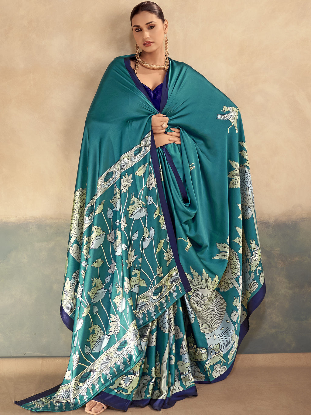 Satin Silk Kalamkari Printed Saree