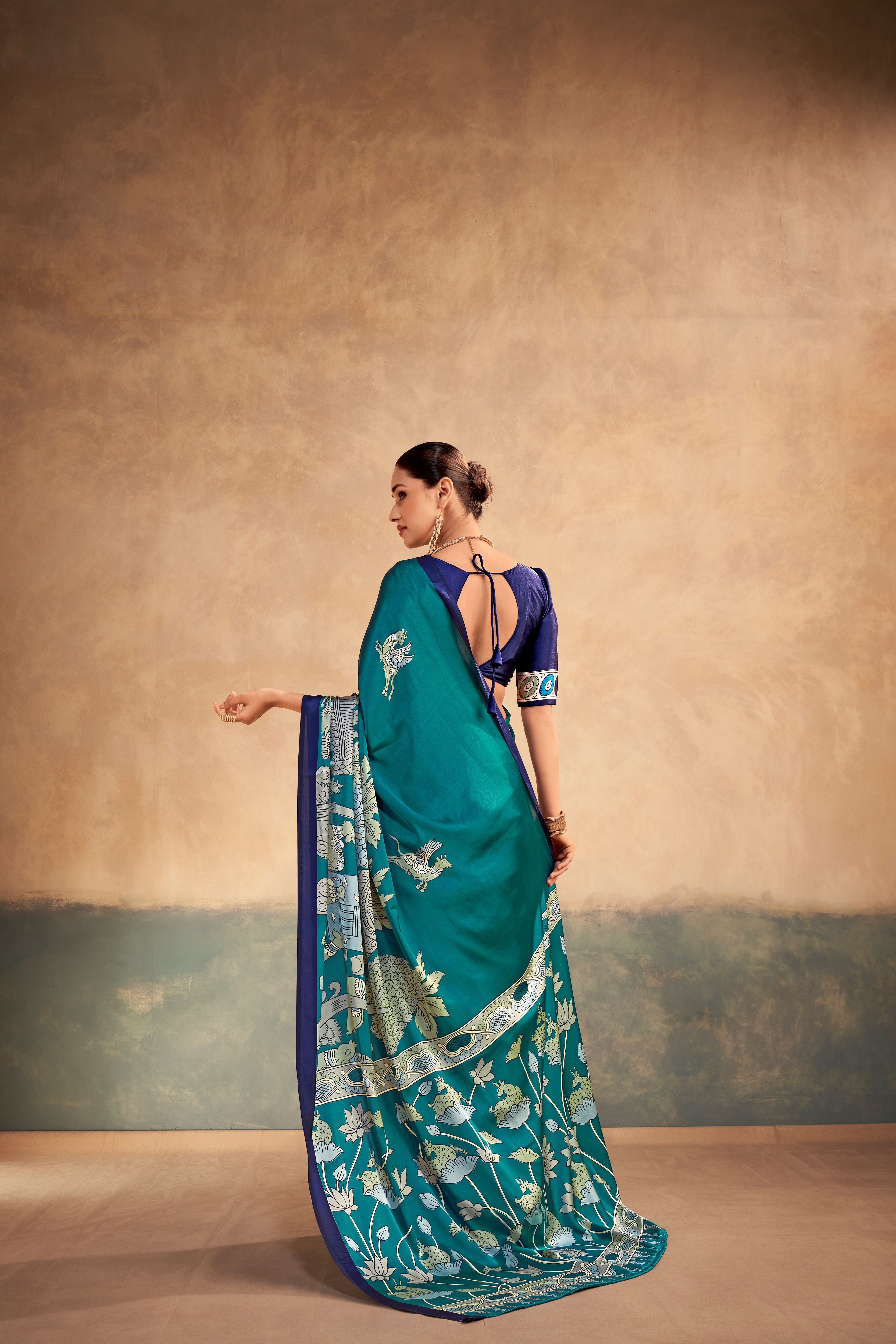 Satin Silk Kalamkari Printed Saree