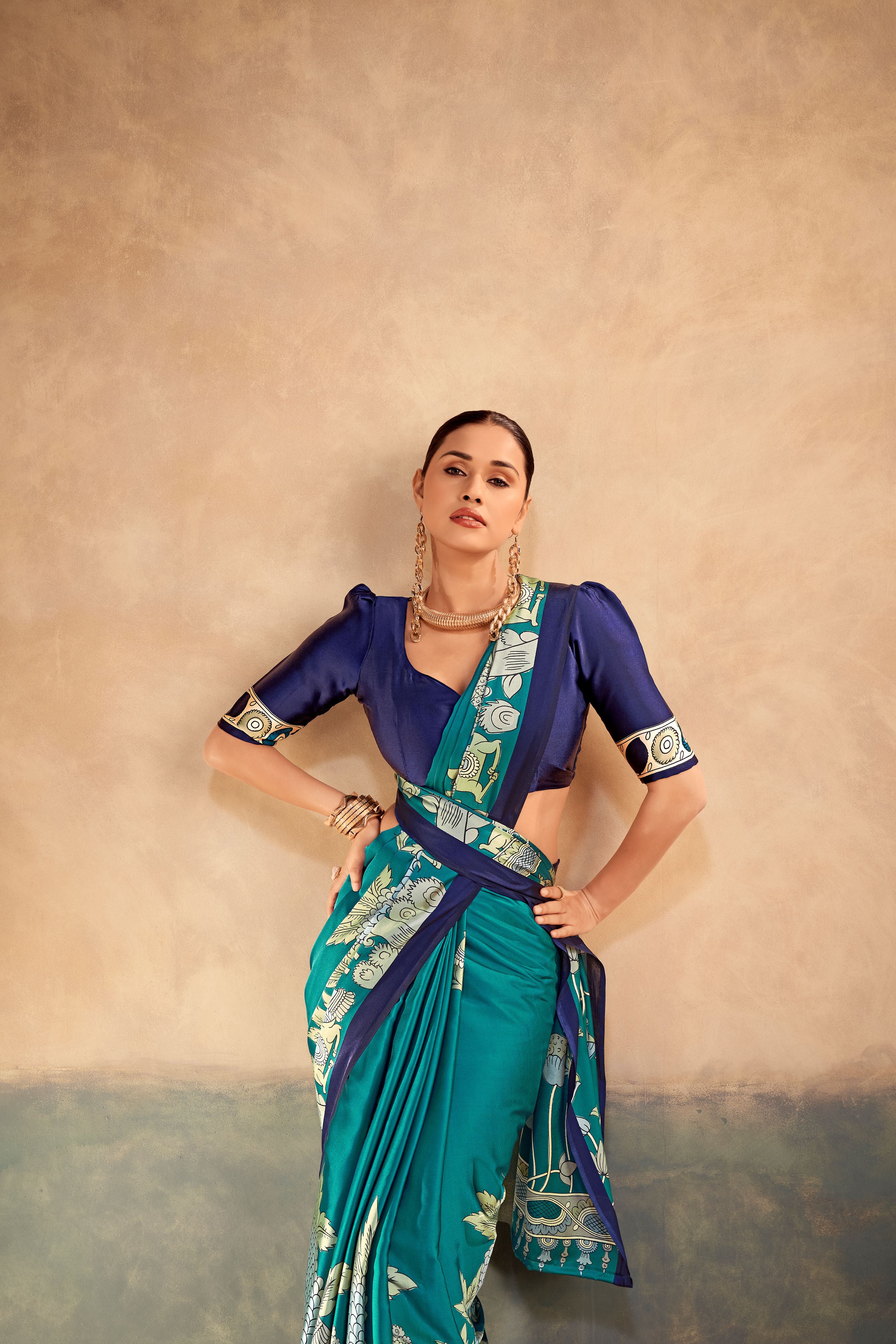 Satin Silk Kalamkari Printed Saree