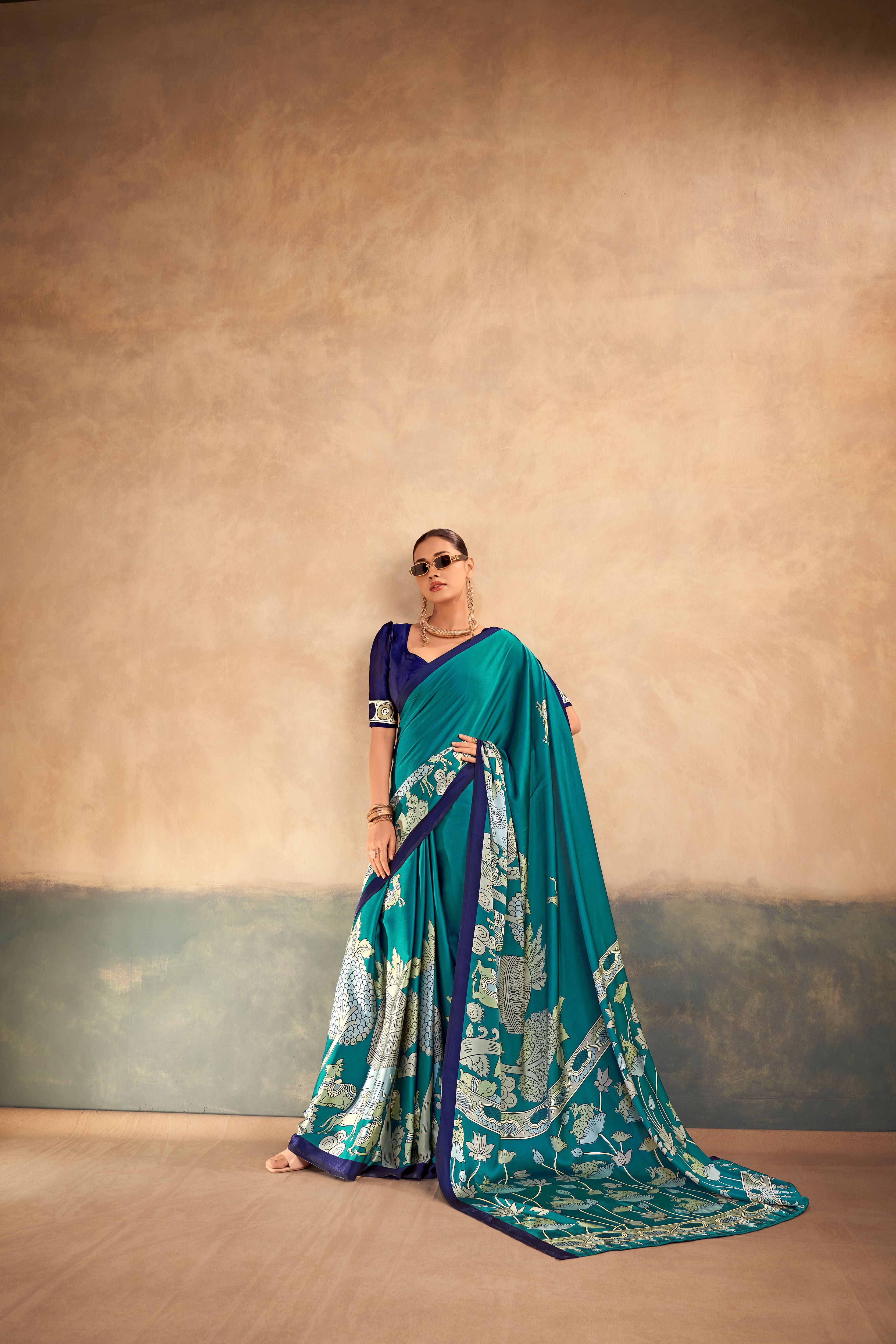 Satin Silk Kalamkari Printed Saree