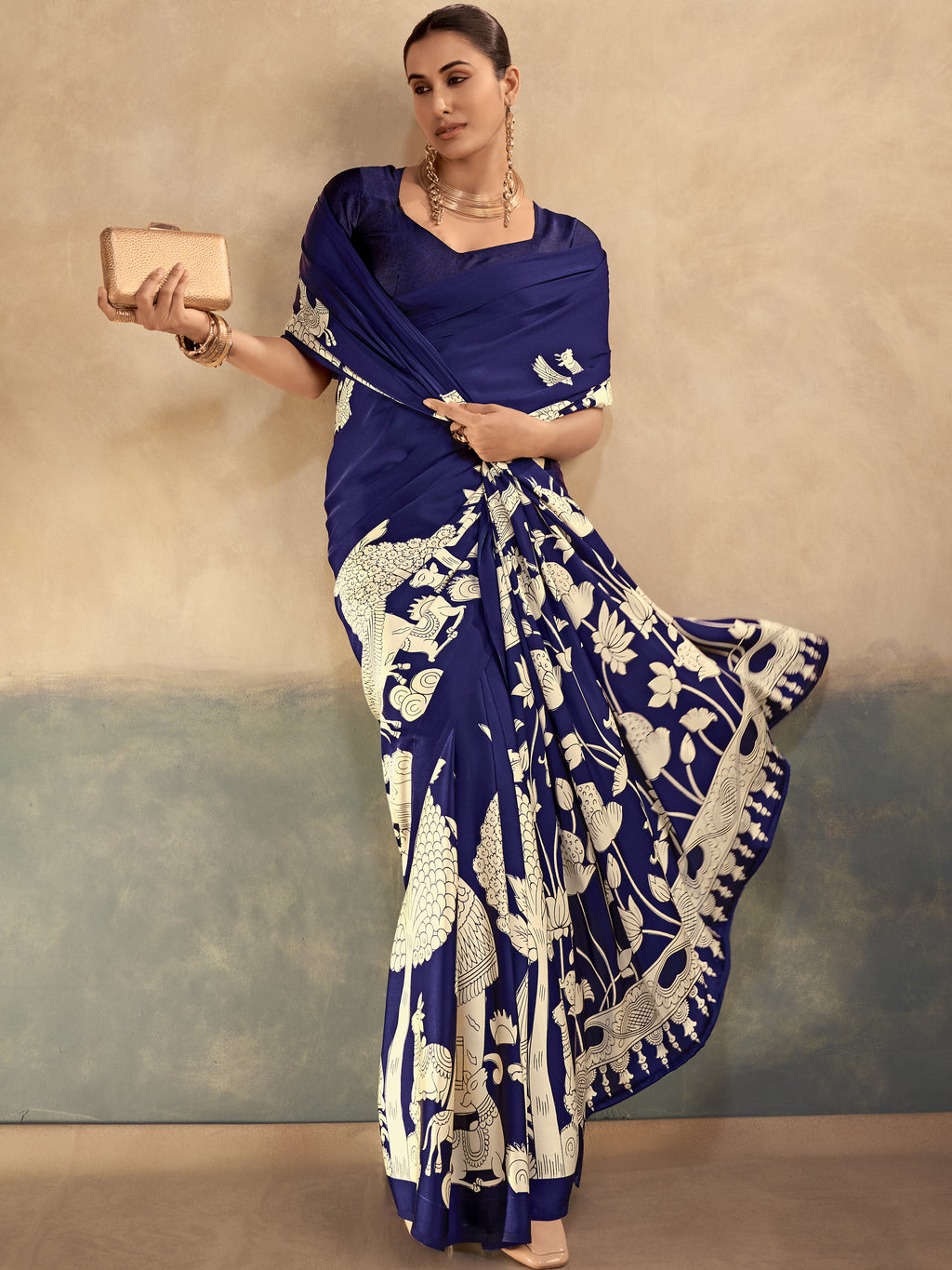 Satin Silk Kalamkari Printed Saree