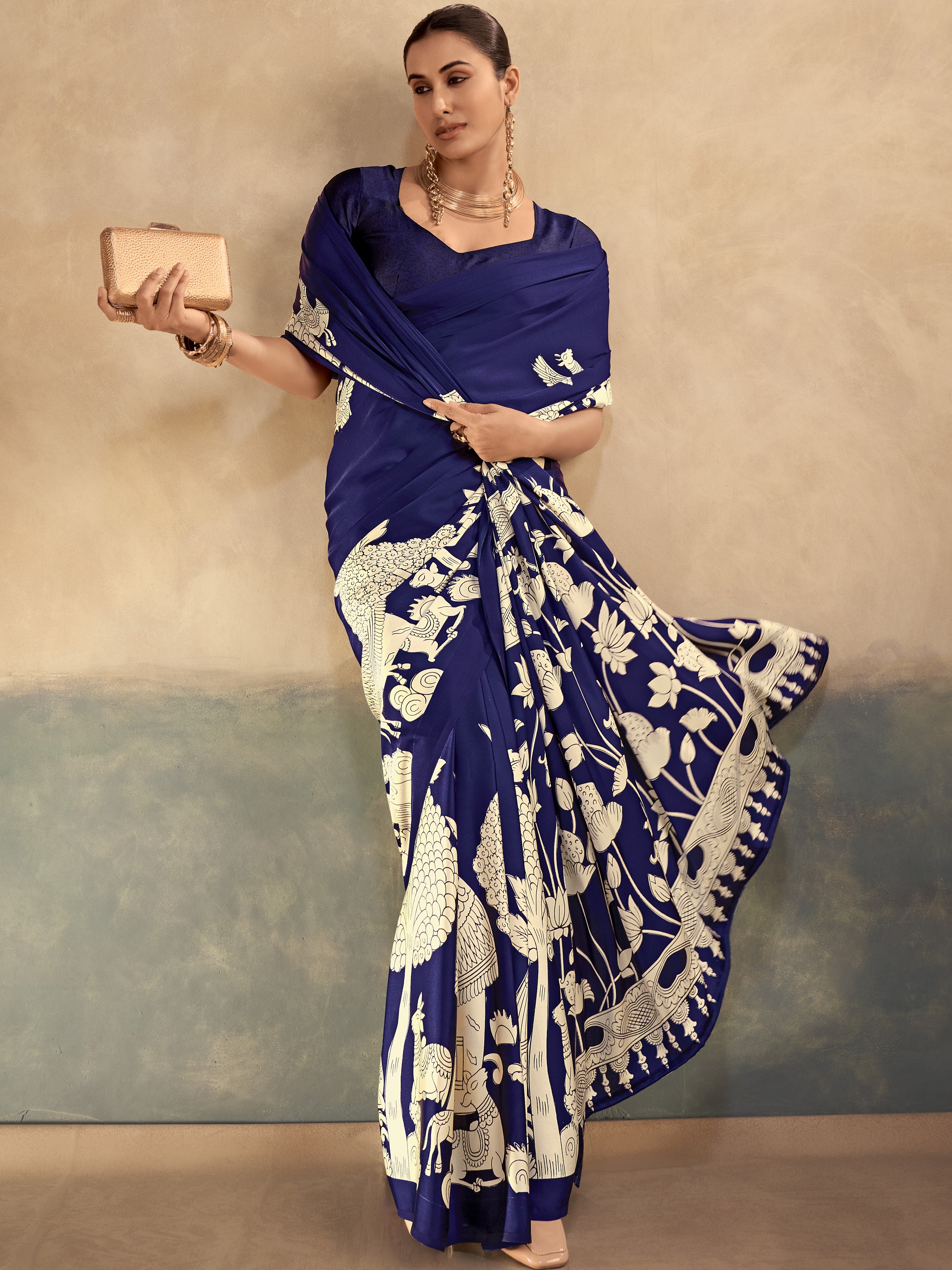 Satin Silk Kalamkari Printed Saree
