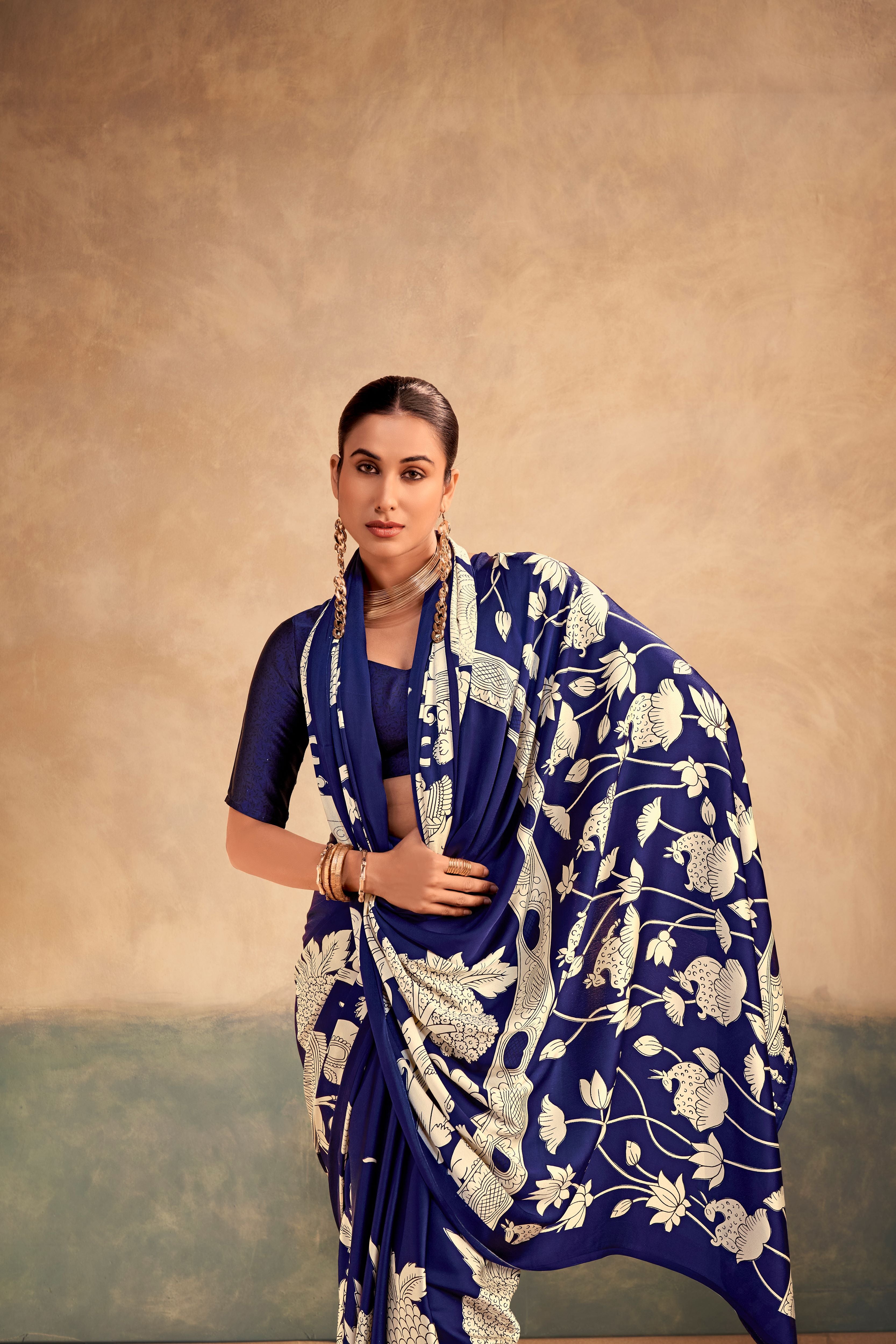 Satin Silk Kalamkari Printed Saree