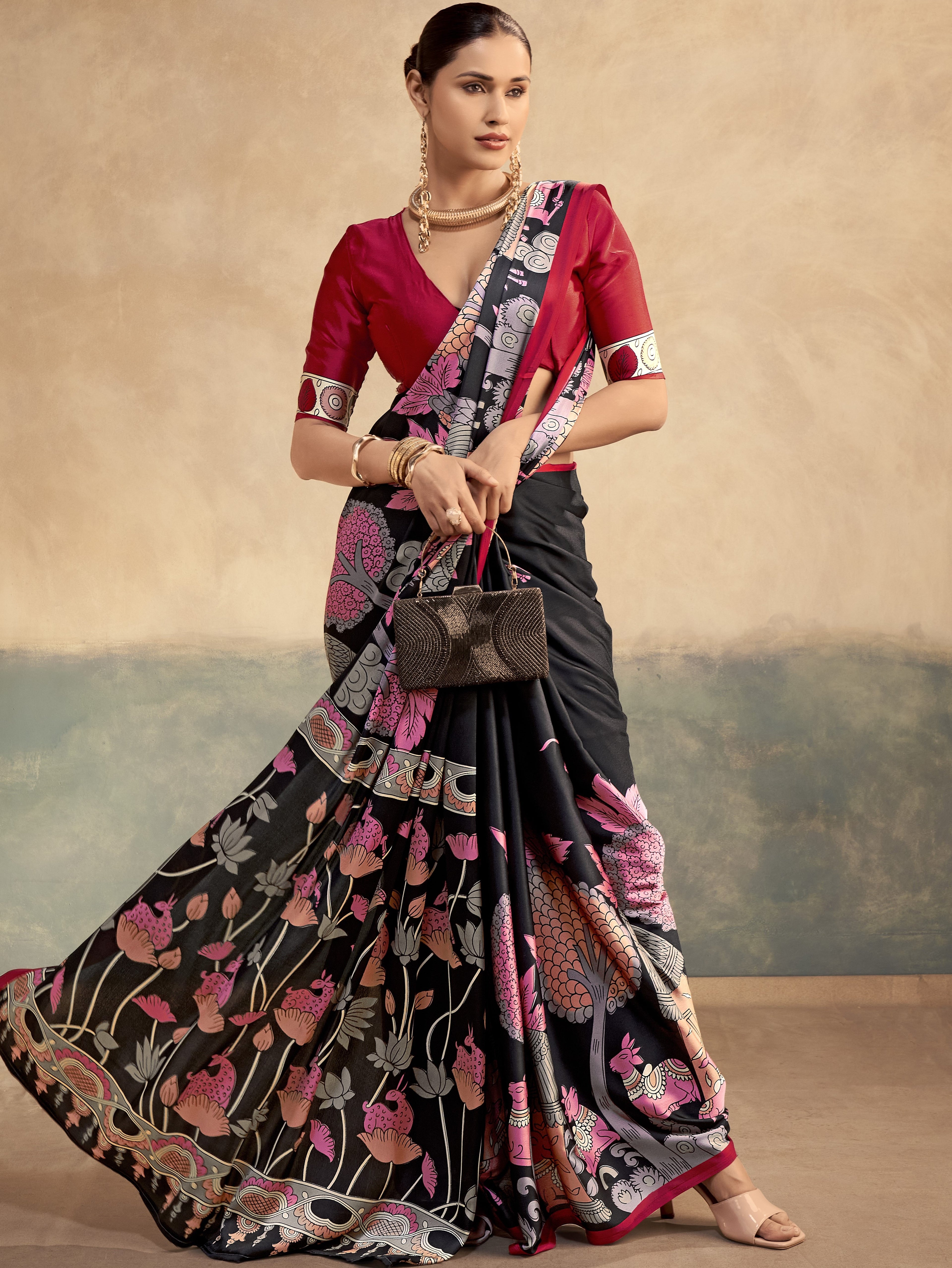Satin Silk Kalamkari Printed Saree