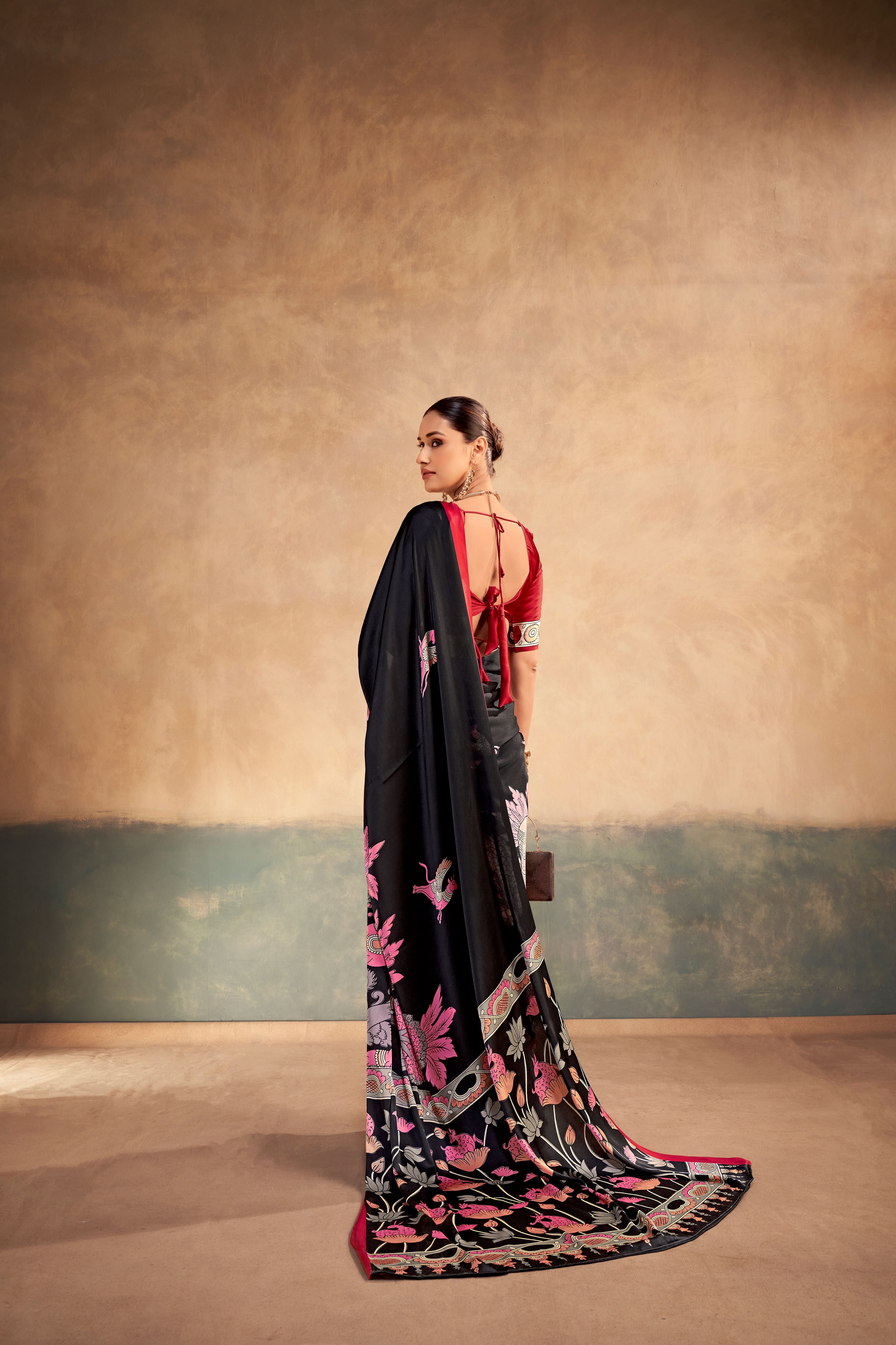 Satin Silk Kalamkari Printed Saree