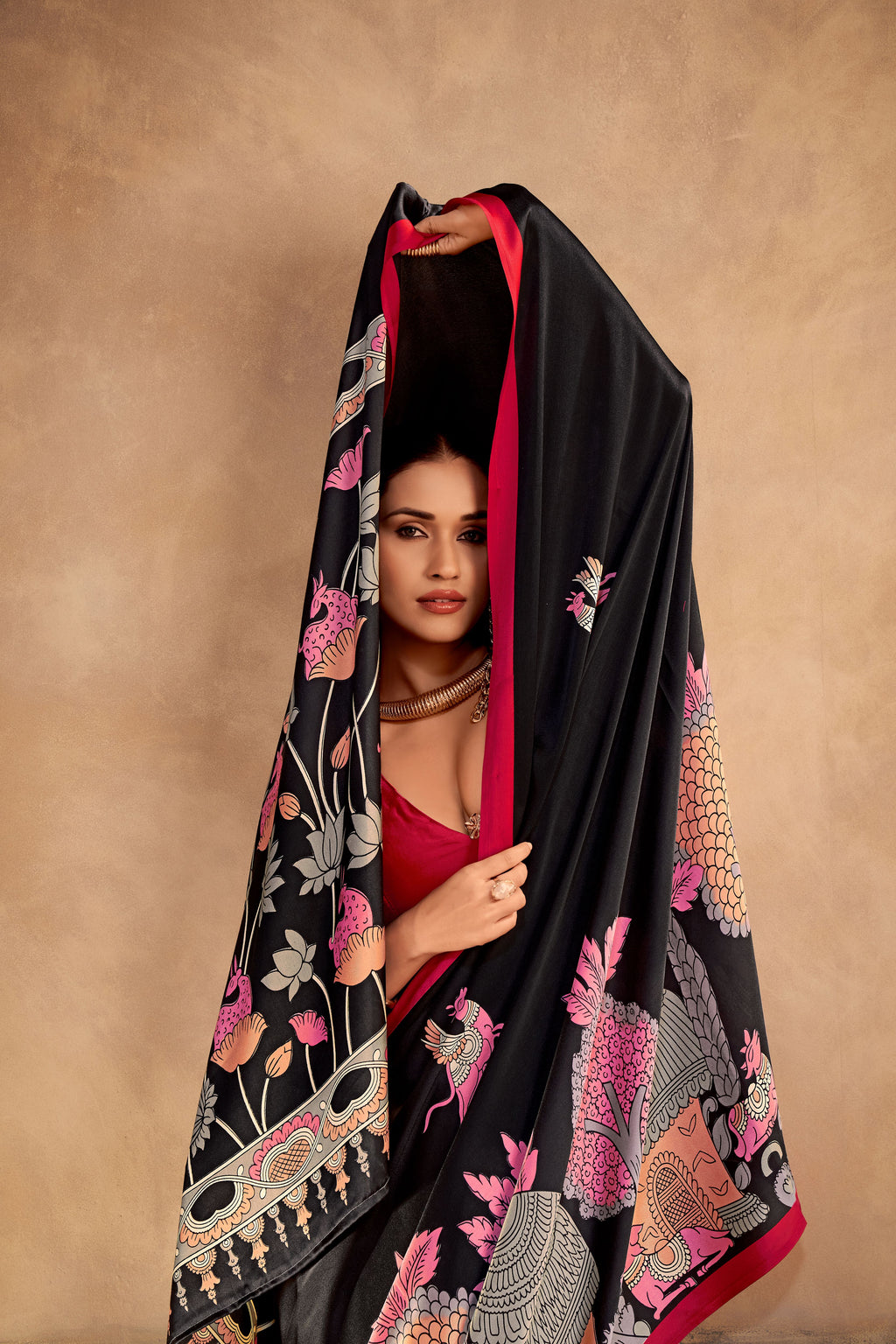 Satin Silk Kalamkari Printed Saree