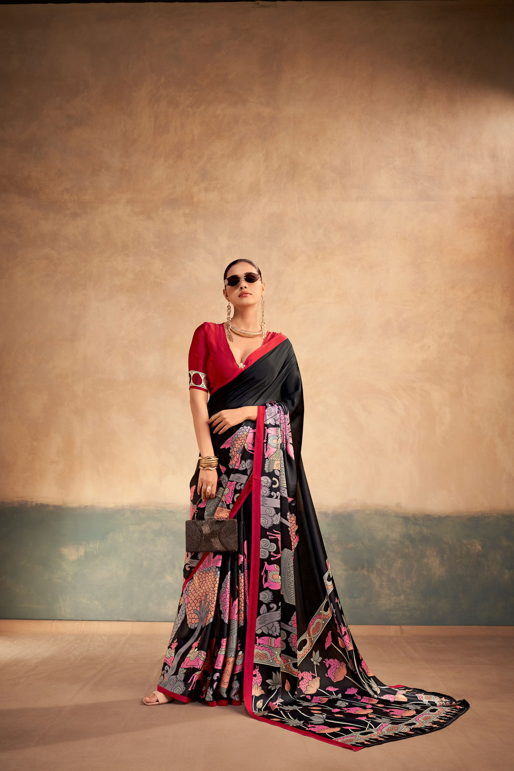Satin Silk Kalamkari Printed Saree