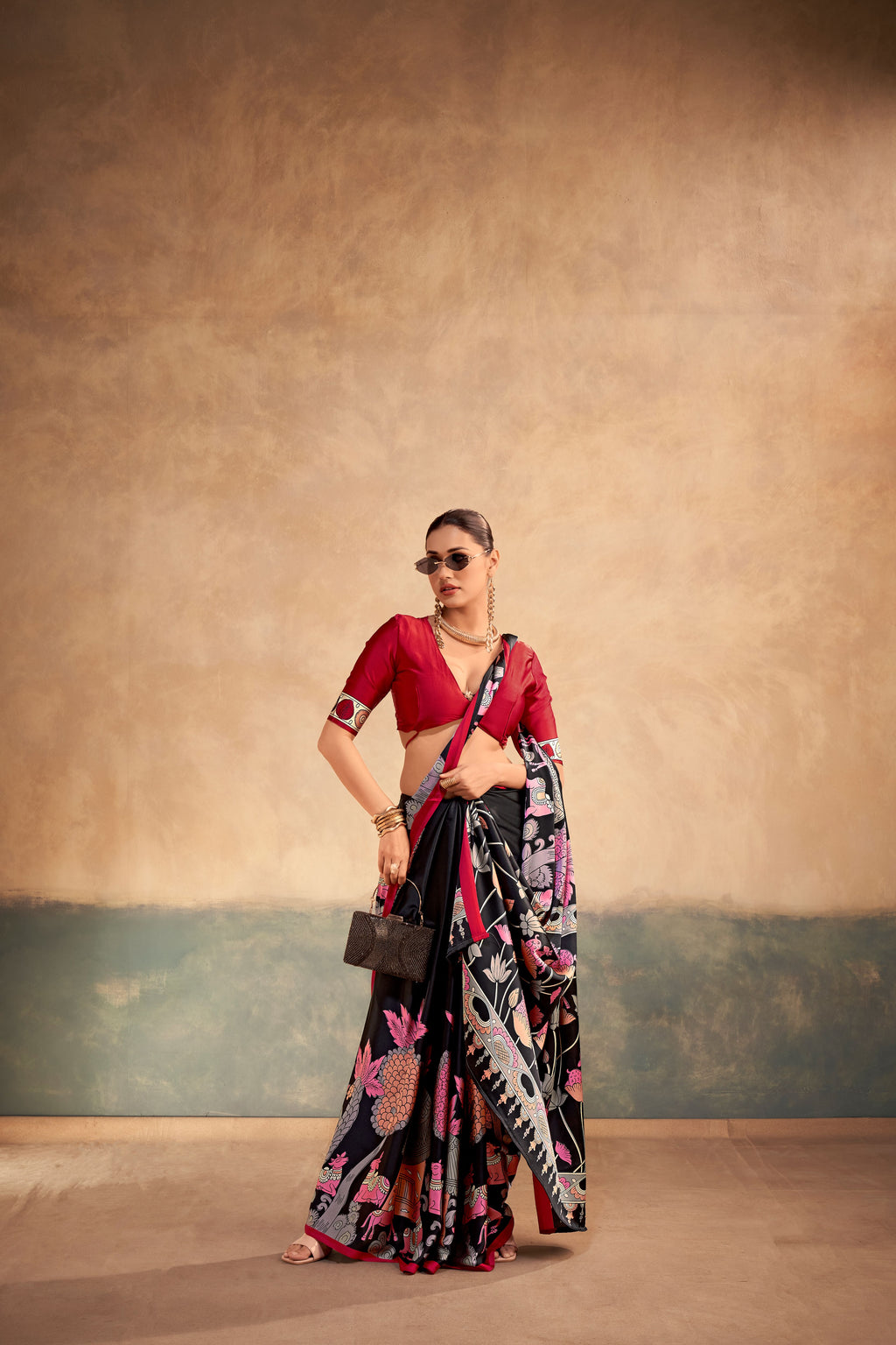 Satin Silk Kalamkari Printed Saree