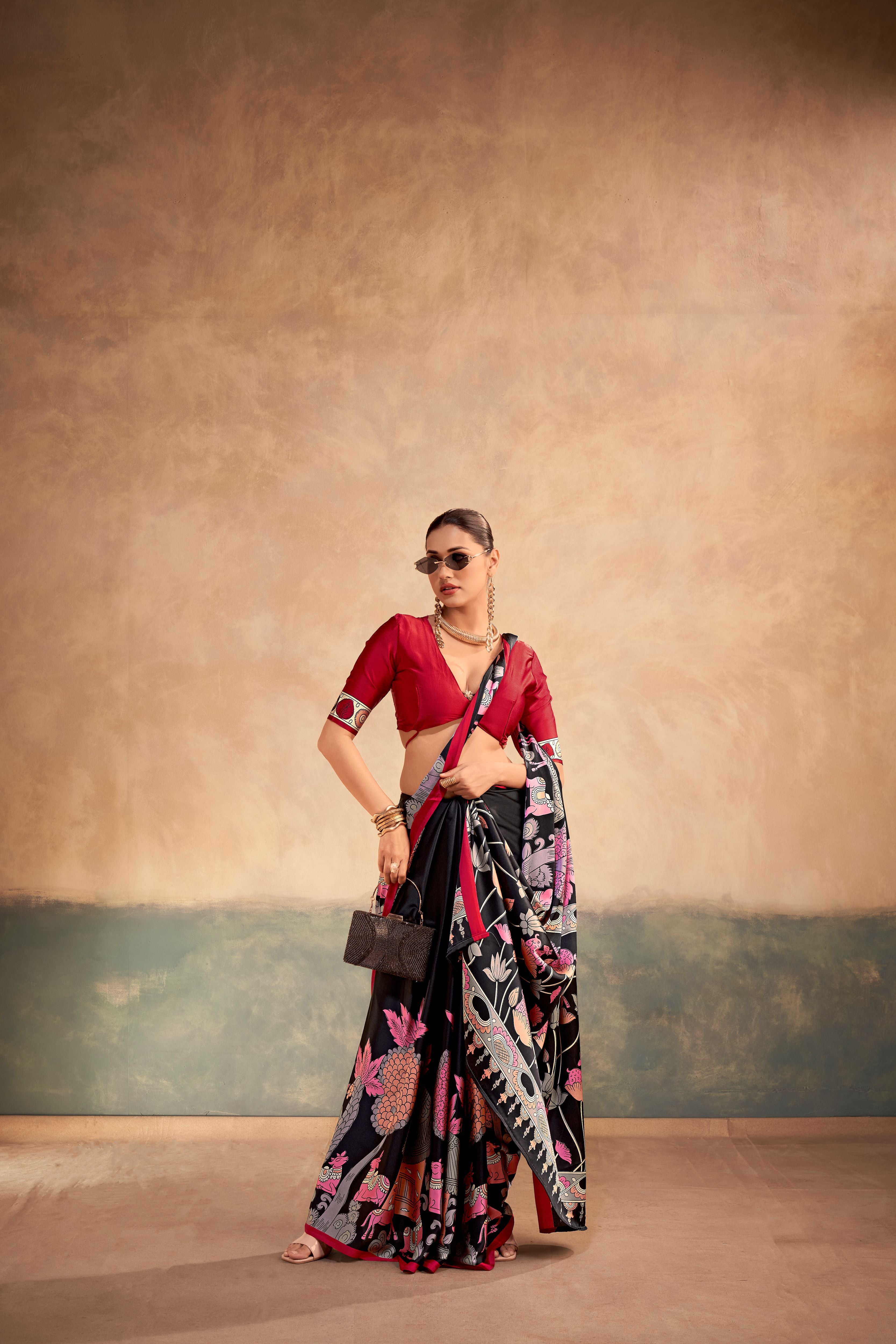 Satin Silk Kalamkari Printed Saree