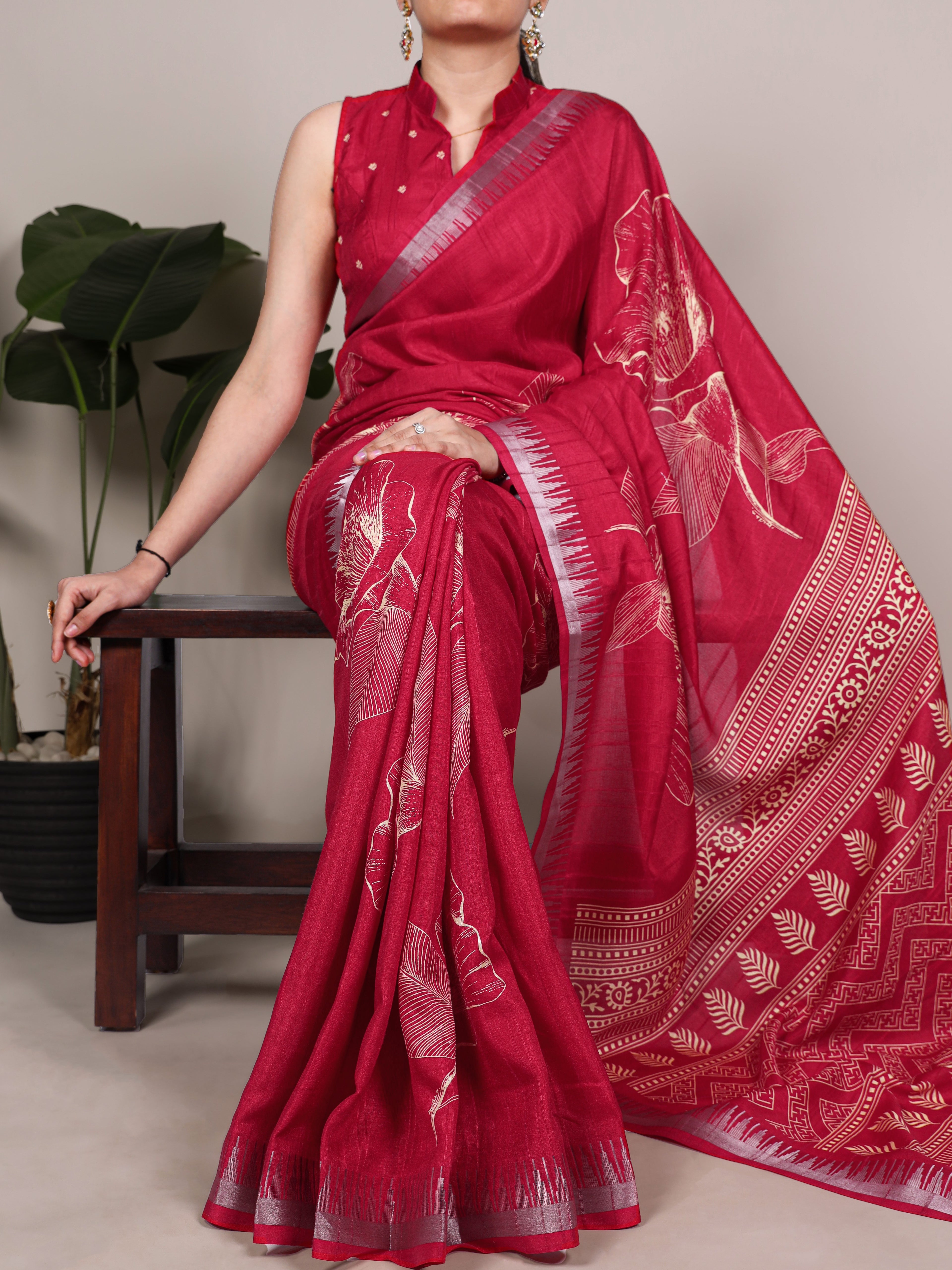 Slub Silk Floral Printed Saree