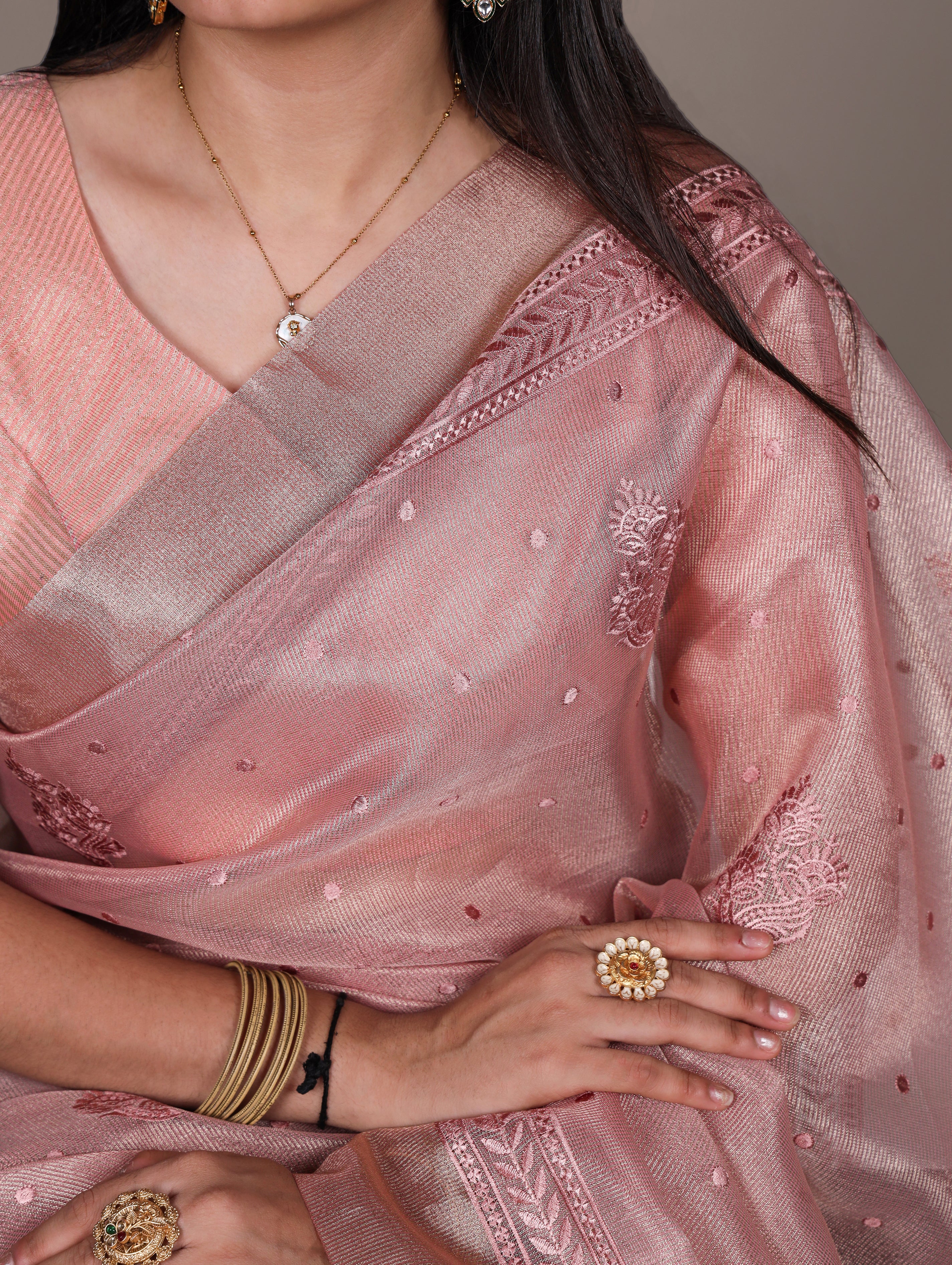 Poly Shimmer Embroidery Saree For Women