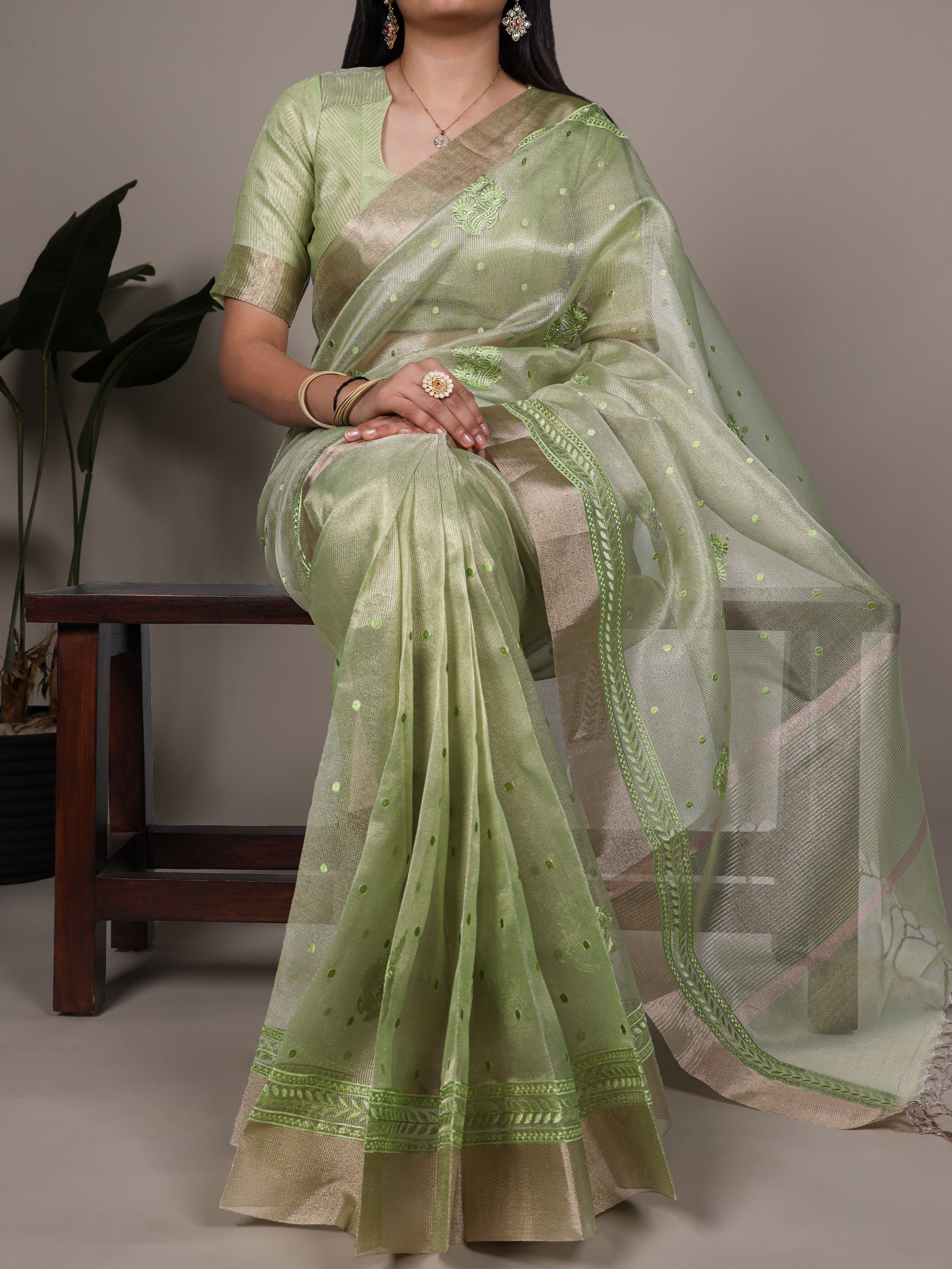 Poly Shimmer Embroidery Saree For Women