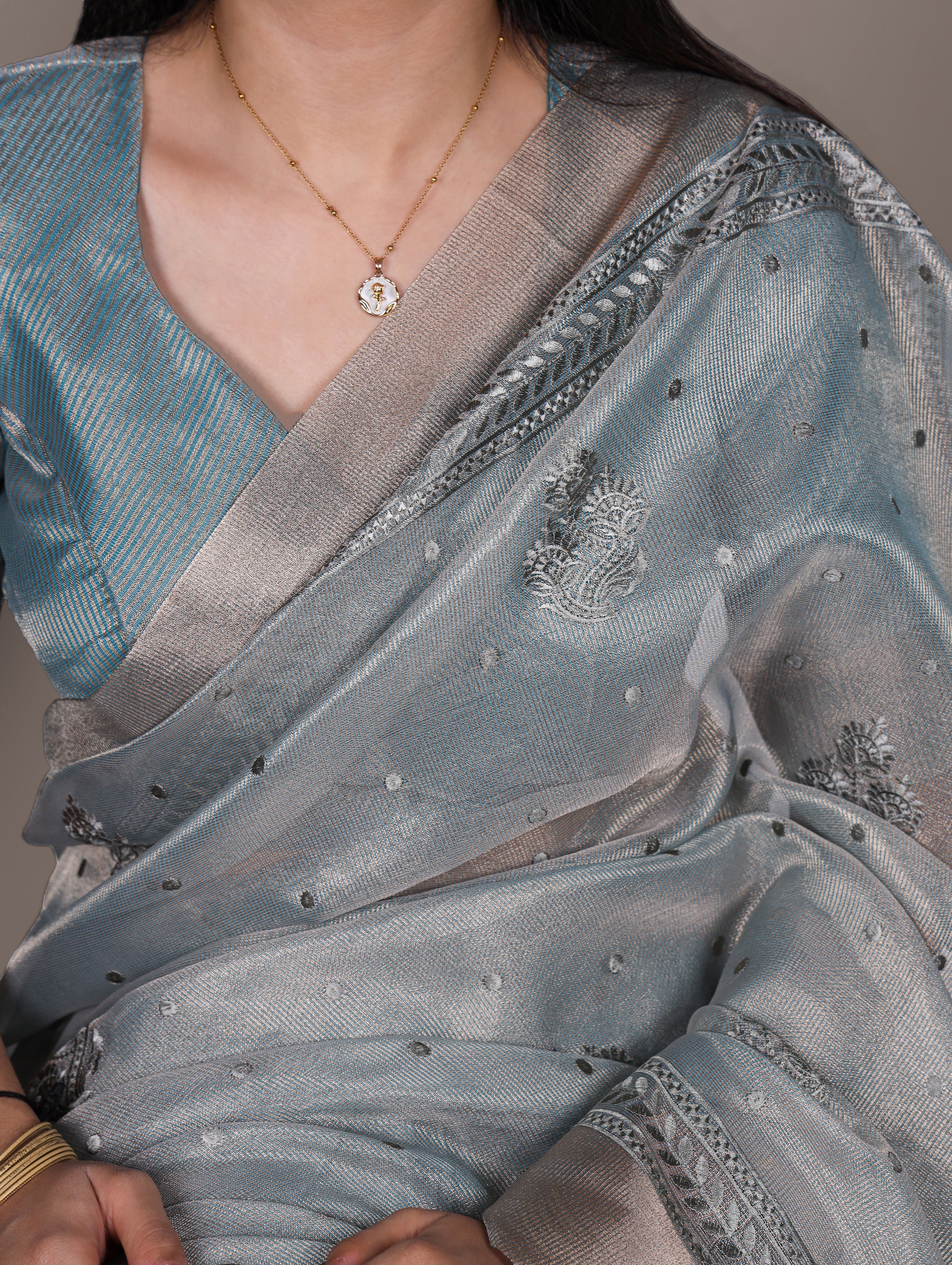 Poly Shimmer Embroidery Saree For Women