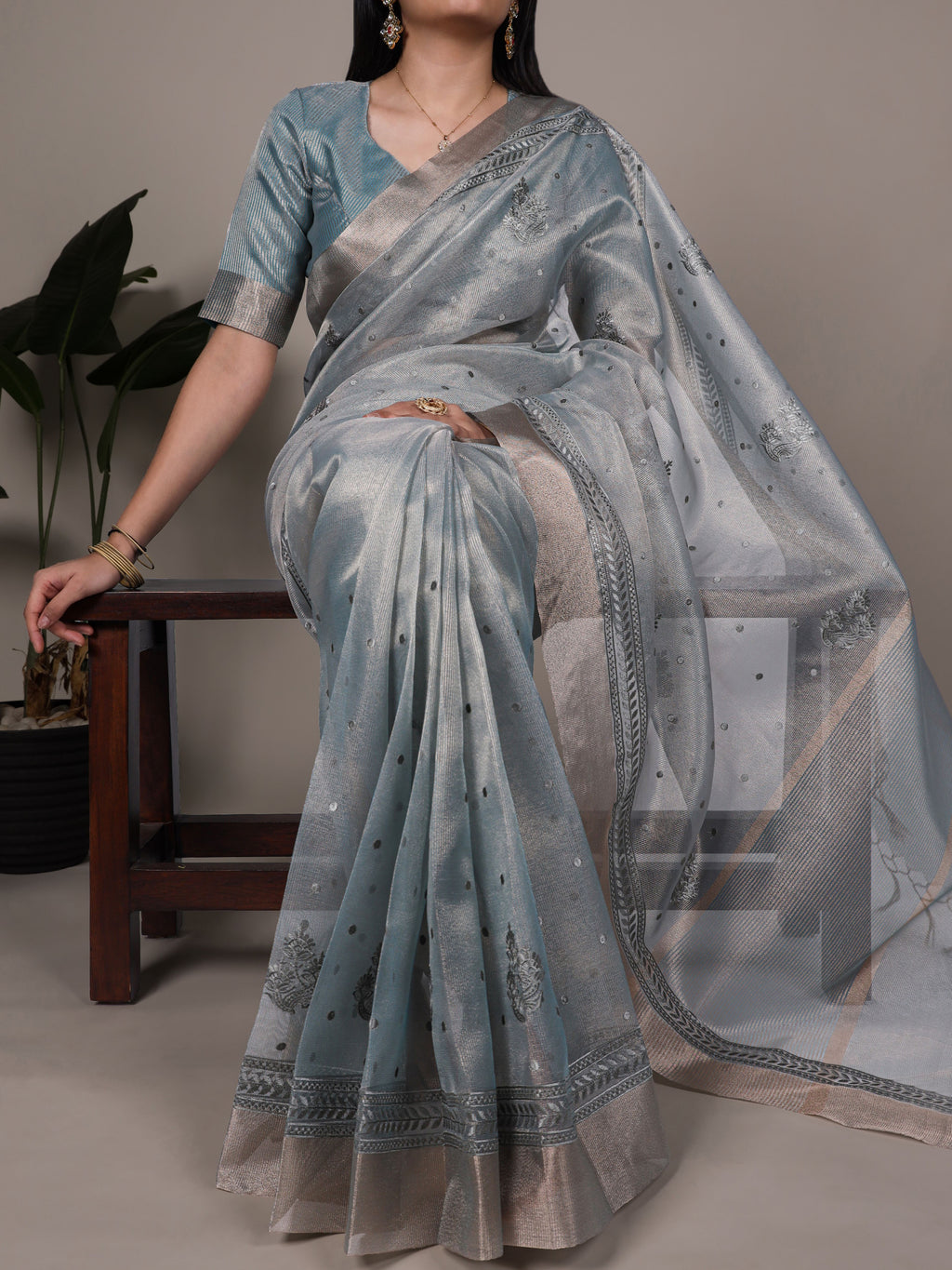 Poly Shimmer Embroidery Saree For Women