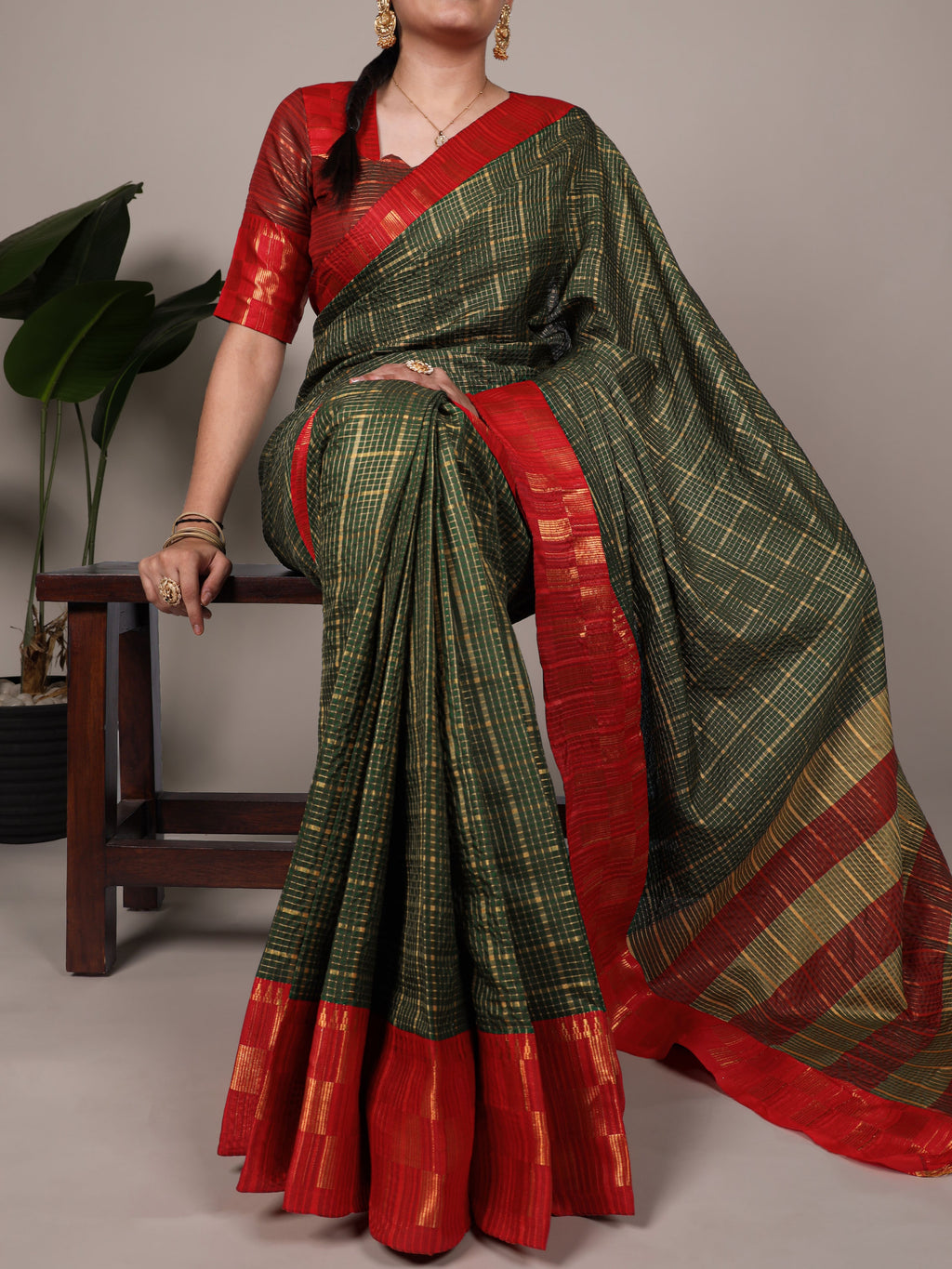 Poly Cotton Chex Saree For Women