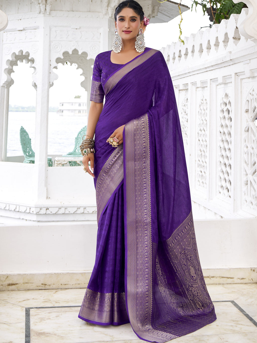 Chinon Zari Weaving  Saree