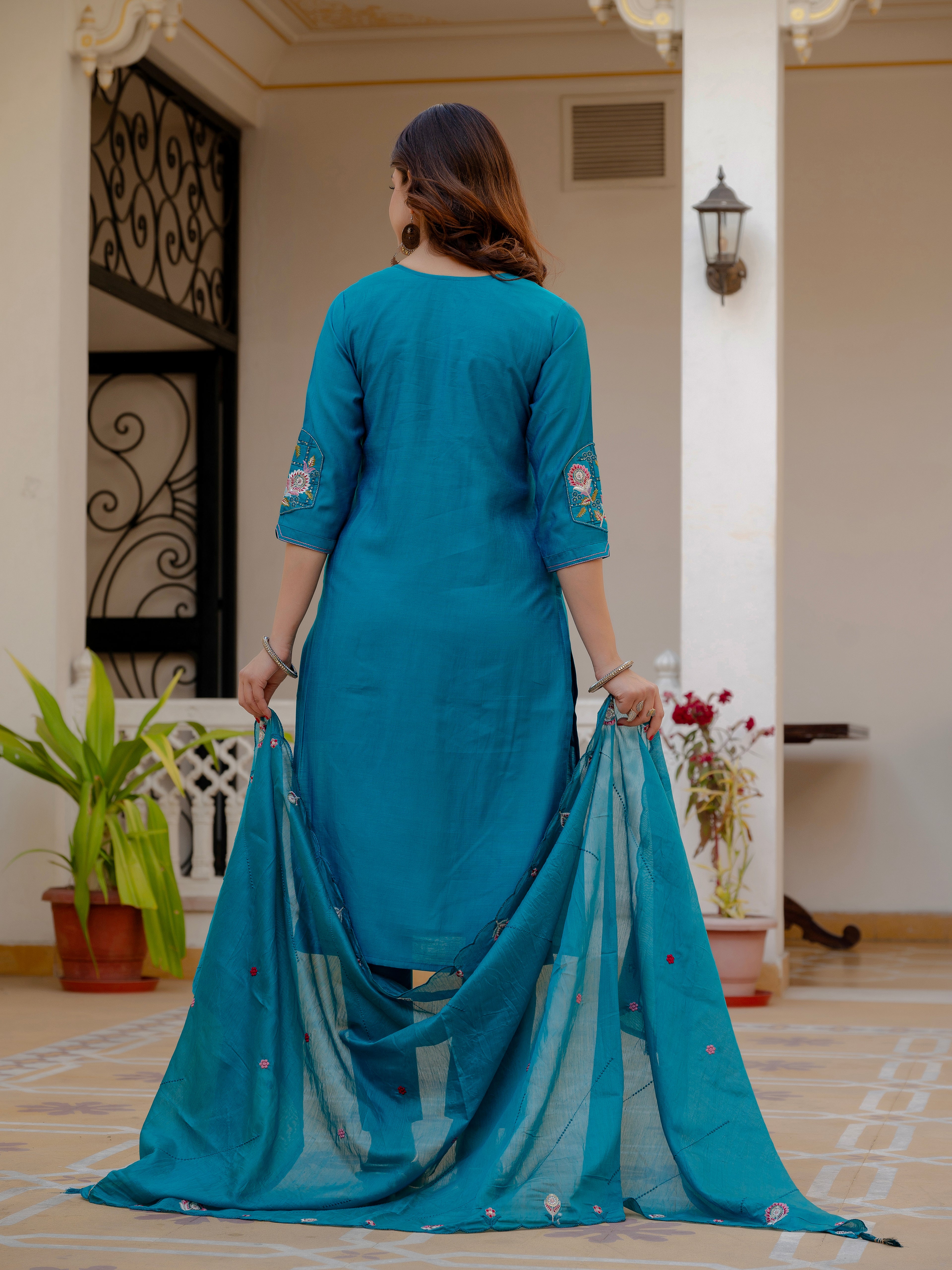 Pure Viscose Multi Embroidered kurti-Pant With Dupatta