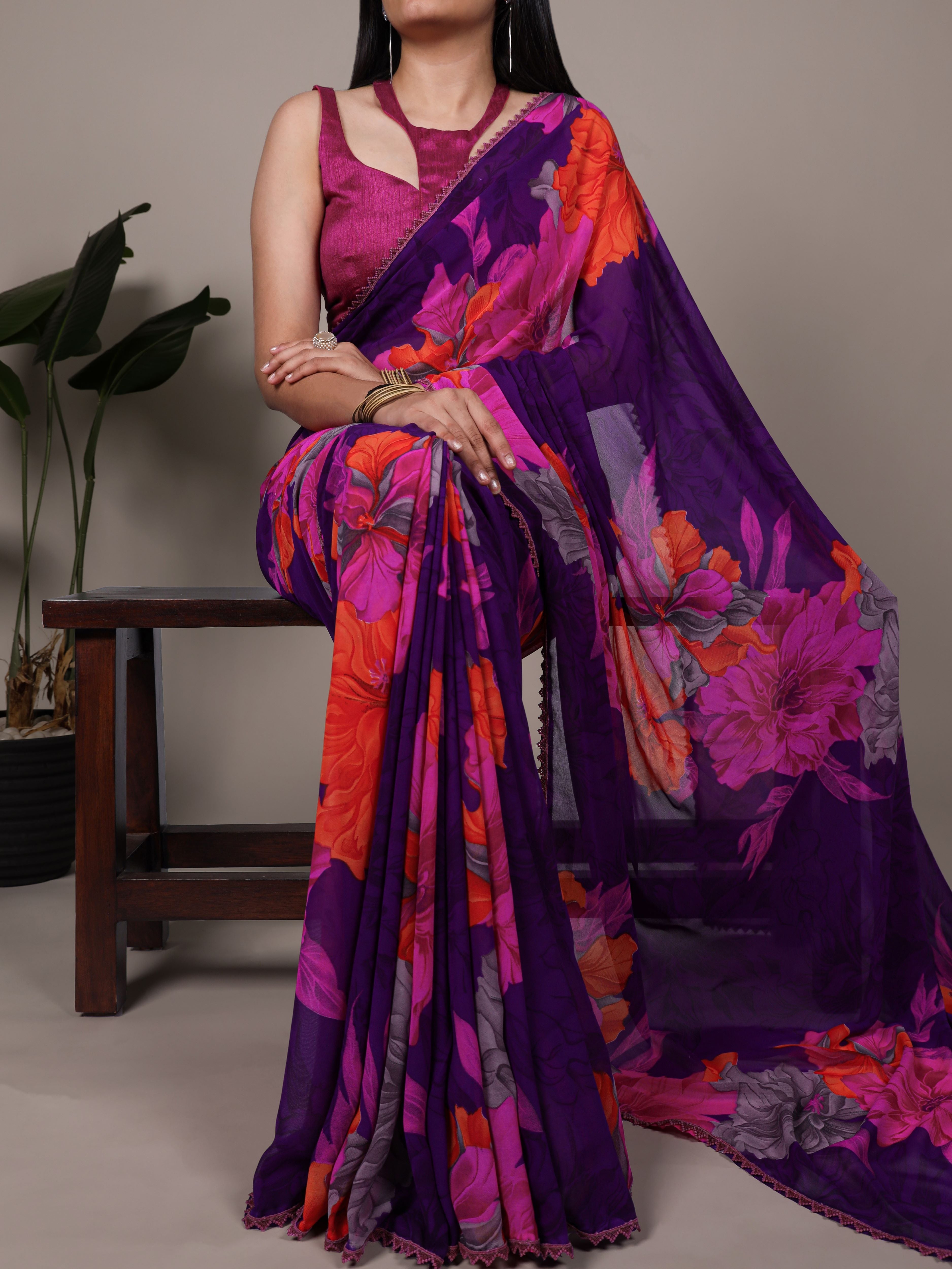 Marble Floral Printed Saree With Lace Border
