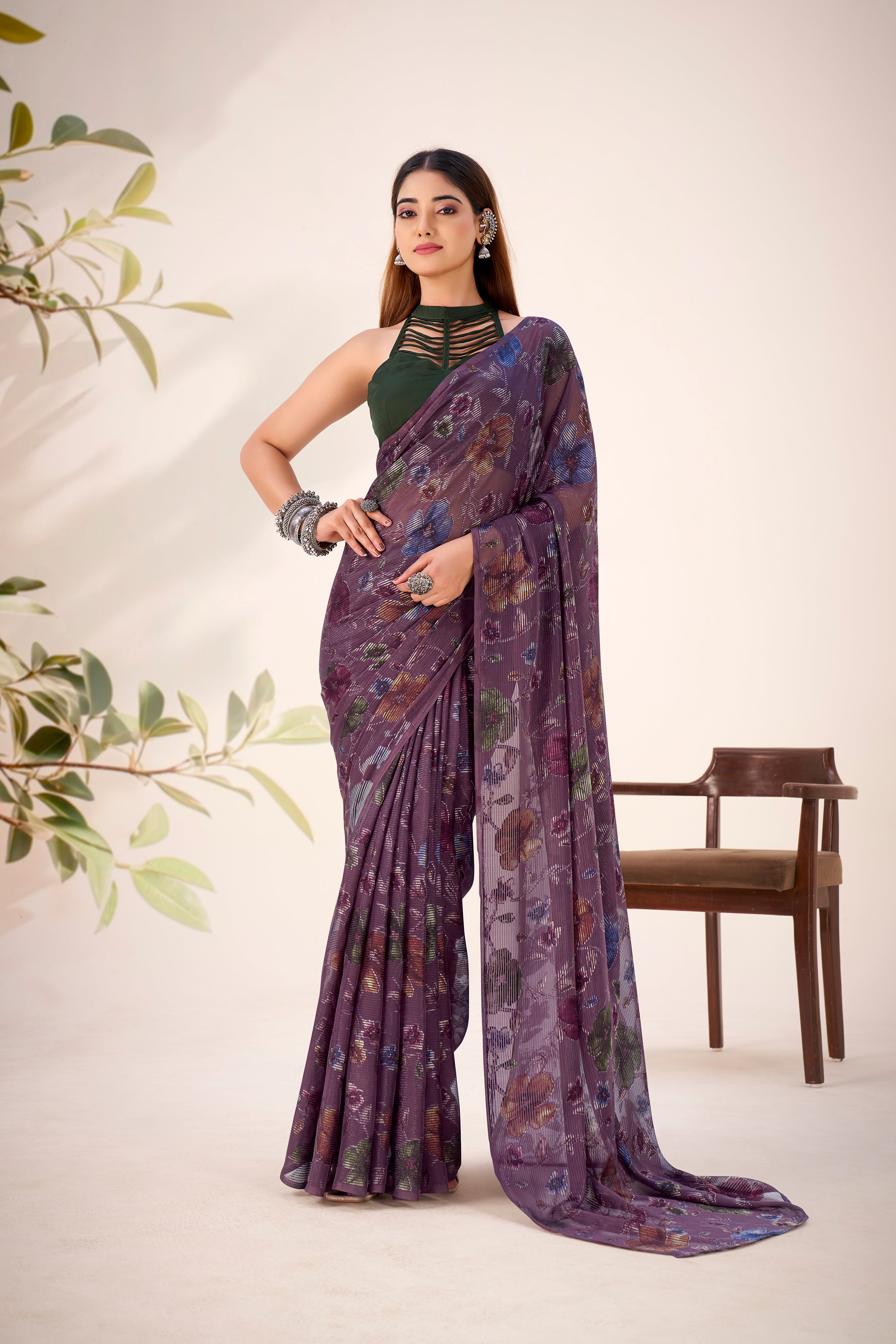 Lurex Brasso Floral Printed Saree