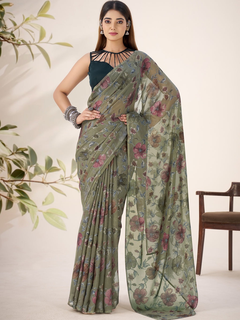Lurex Brasso Floral Printed Saree