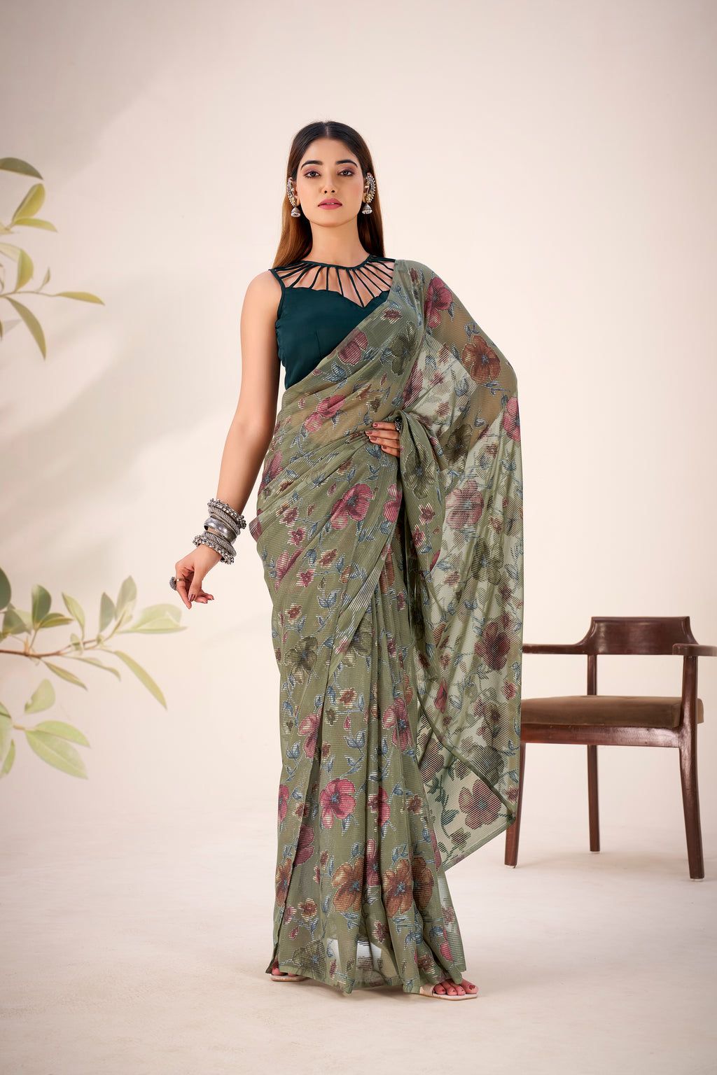 Lurex Brasso Floral Printed Saree
