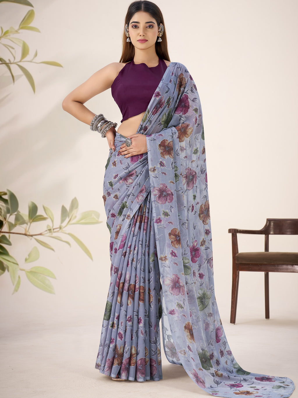 Lurex Brasso Floral Printed Saree