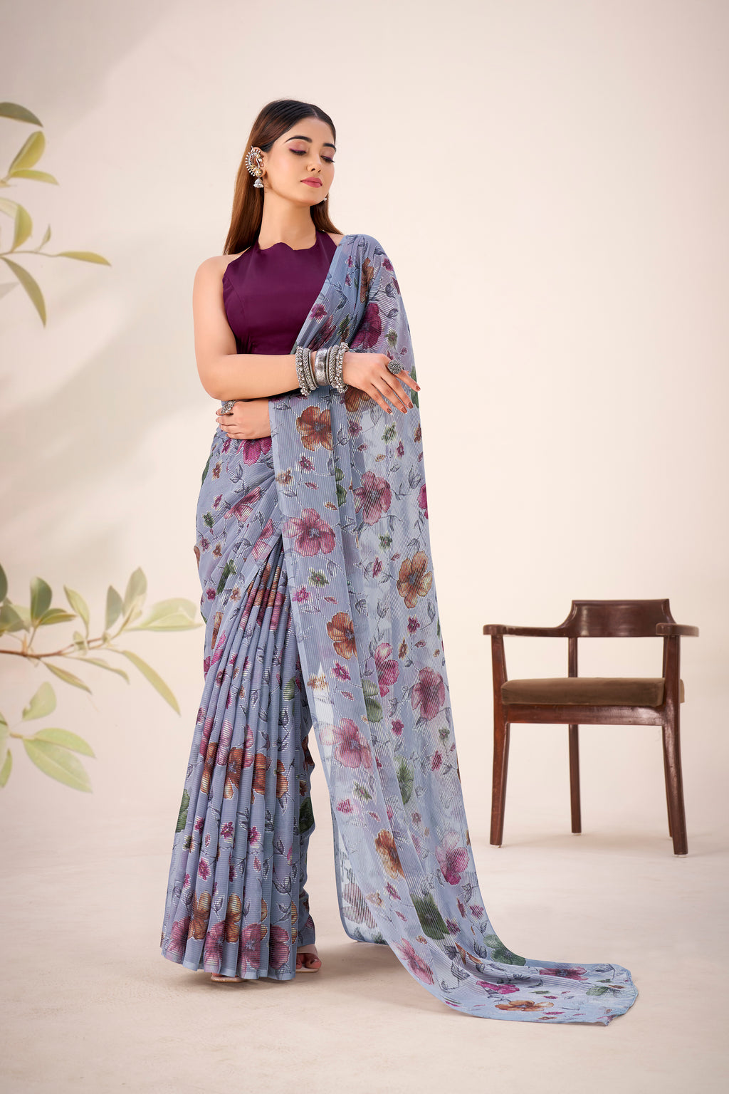 Lurex Brasso Floral Printed Saree