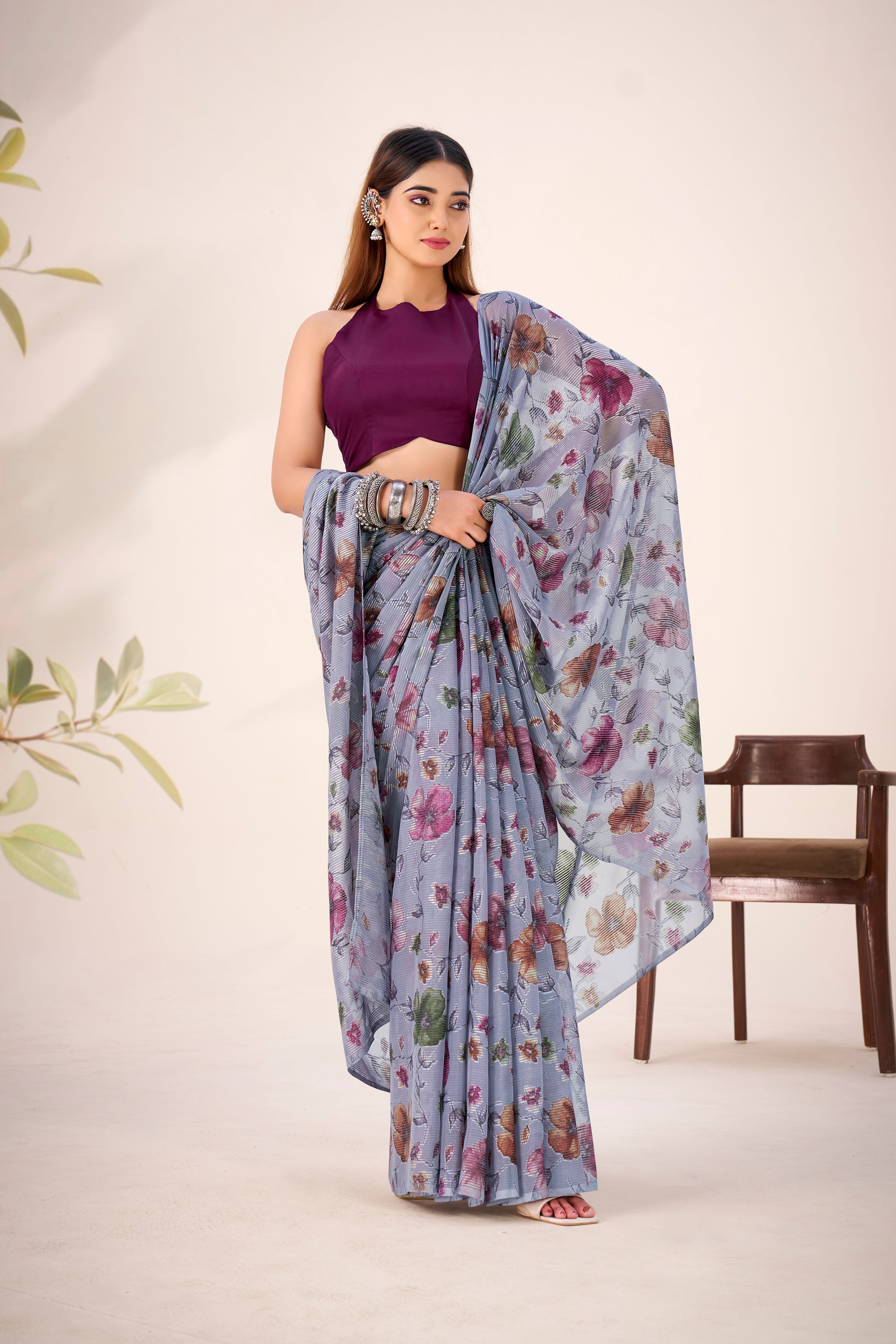 Lurex Brasso Floral Printed Saree