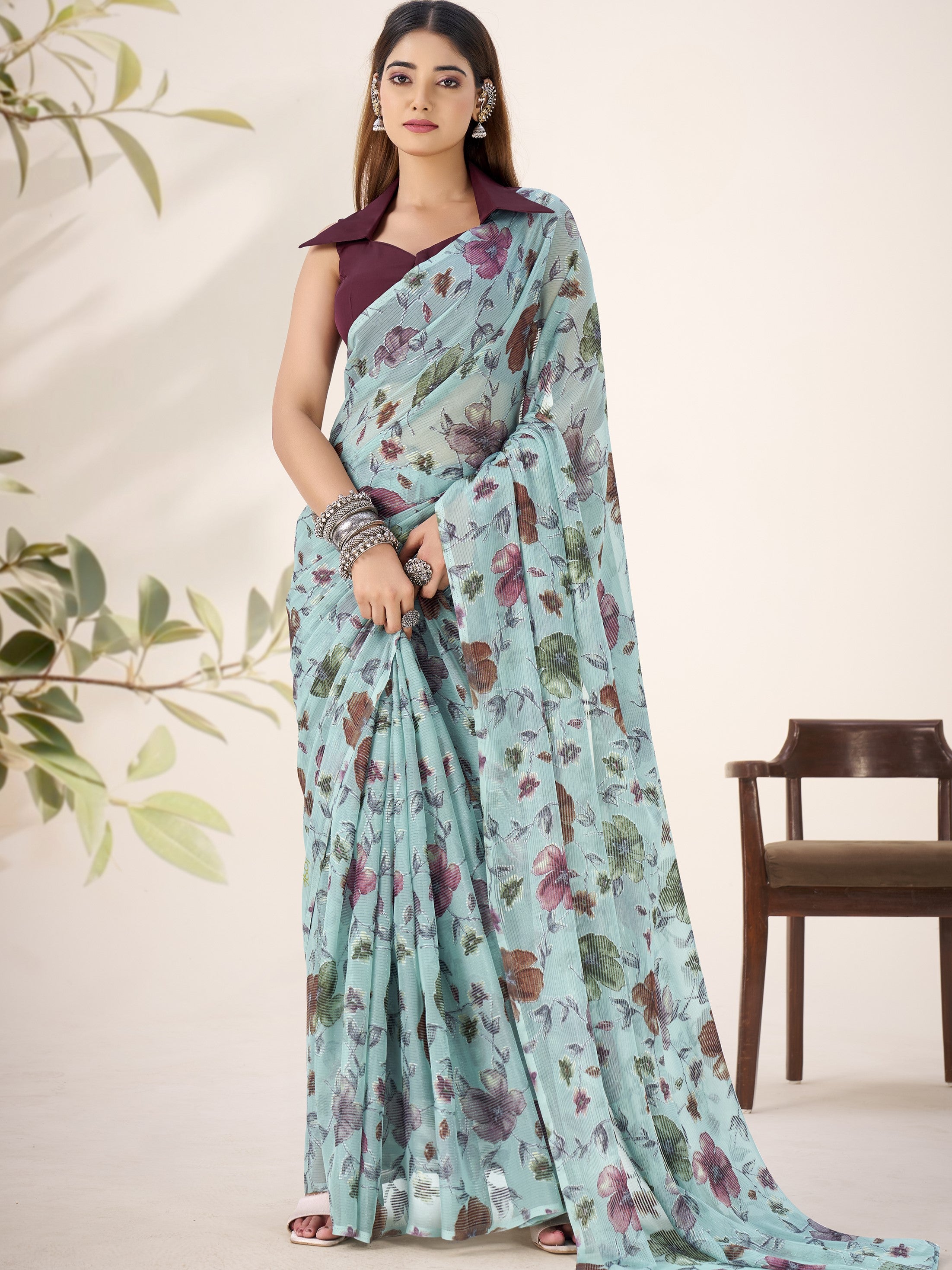 Lurex Brasso Floral Printed Saree