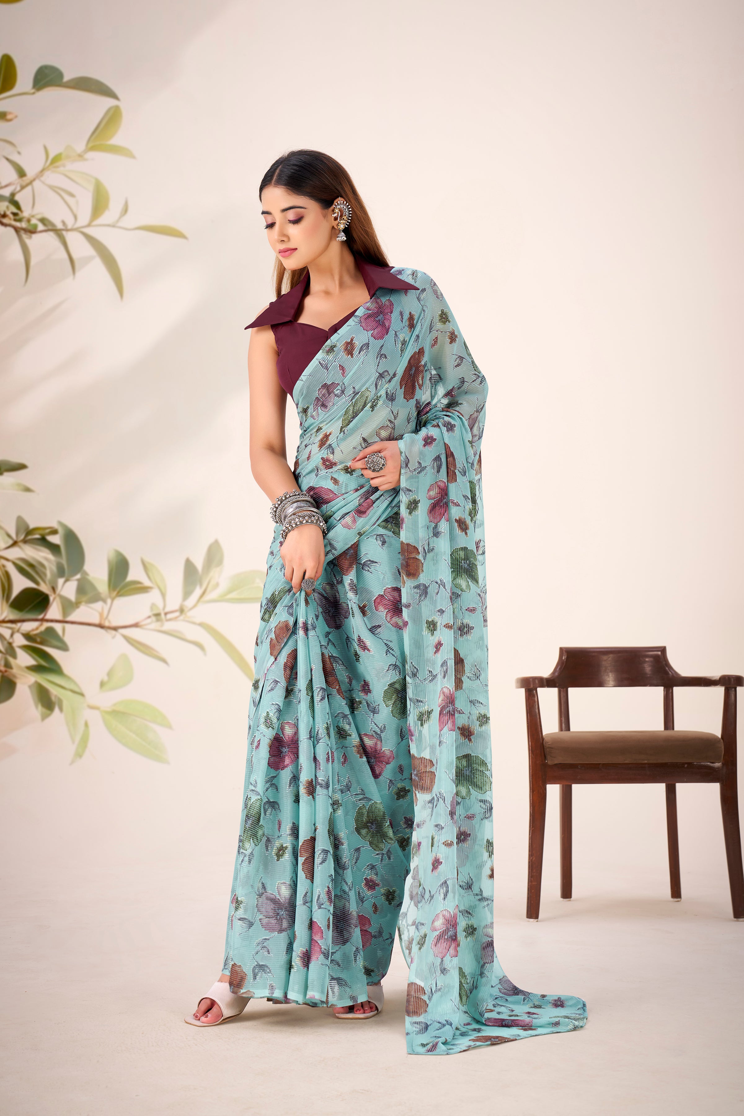 Lurex Brasso Floral Printed Saree