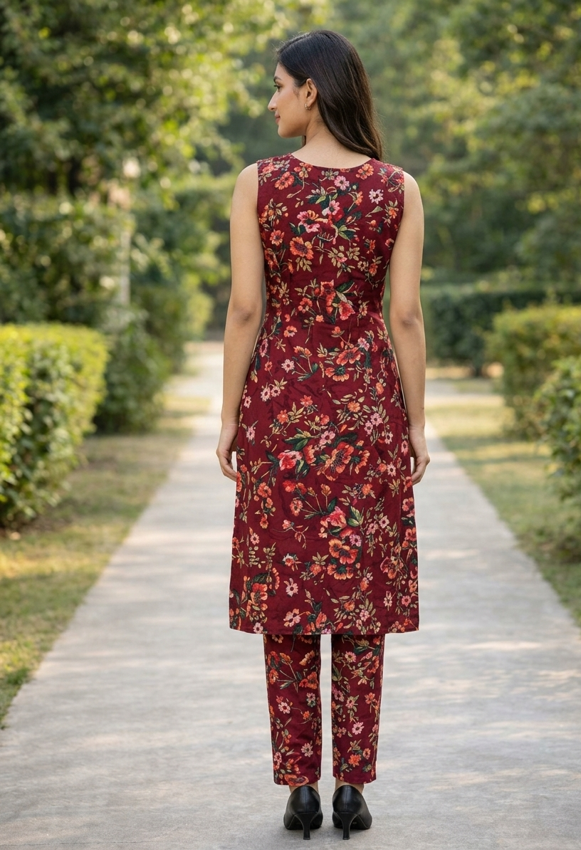 Crepe Floral Printed Kurti-Pant Pair