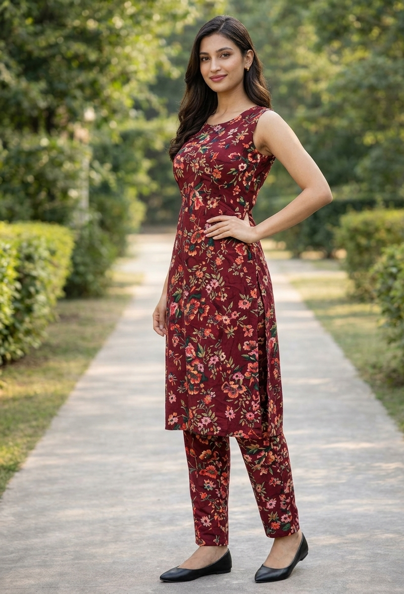 Crepe Floral Printed Kurti-Pant Pair